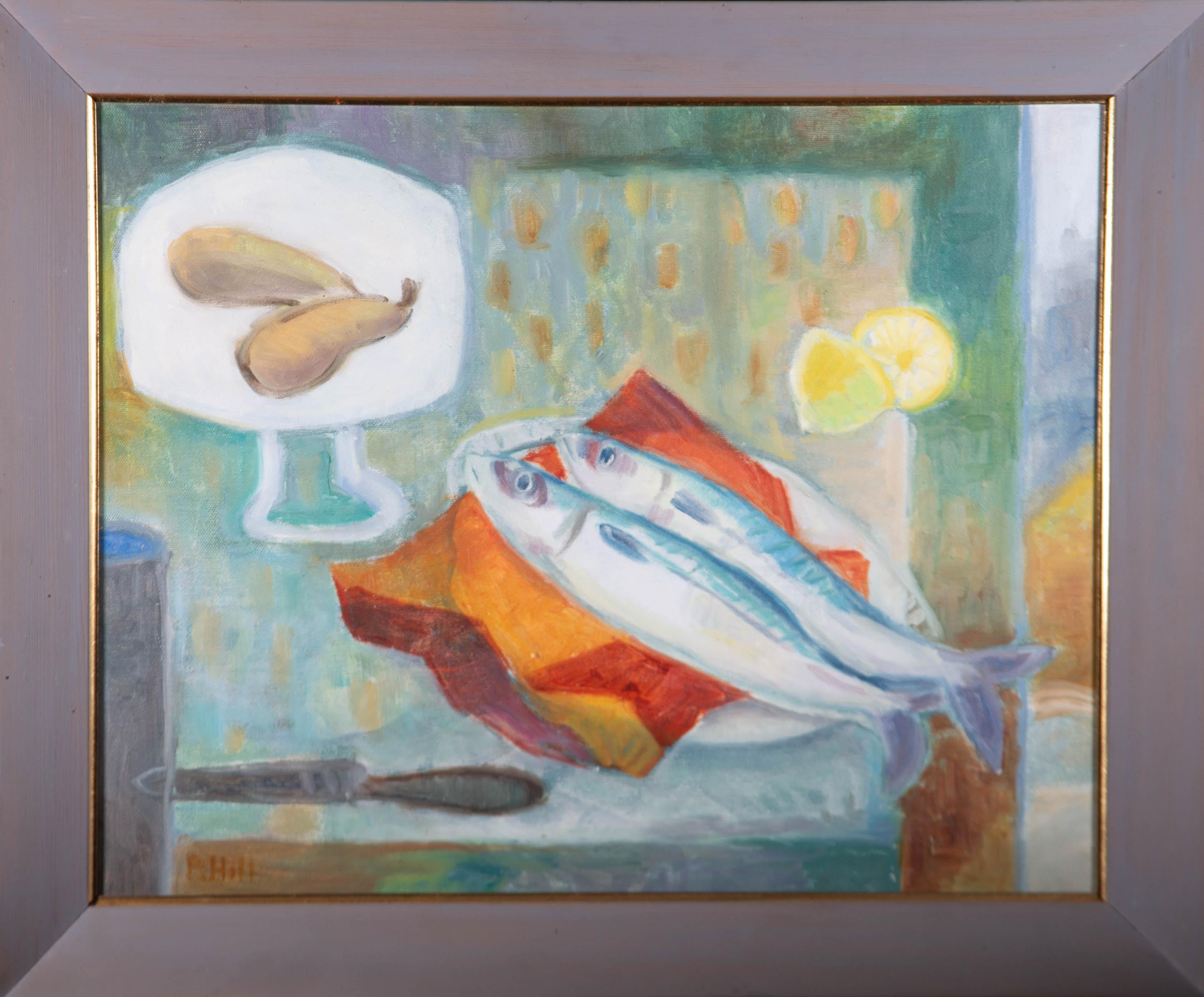 Unknown Still-Life Painting - Philippa Hill - 20th Century Oil, Fish Still Life