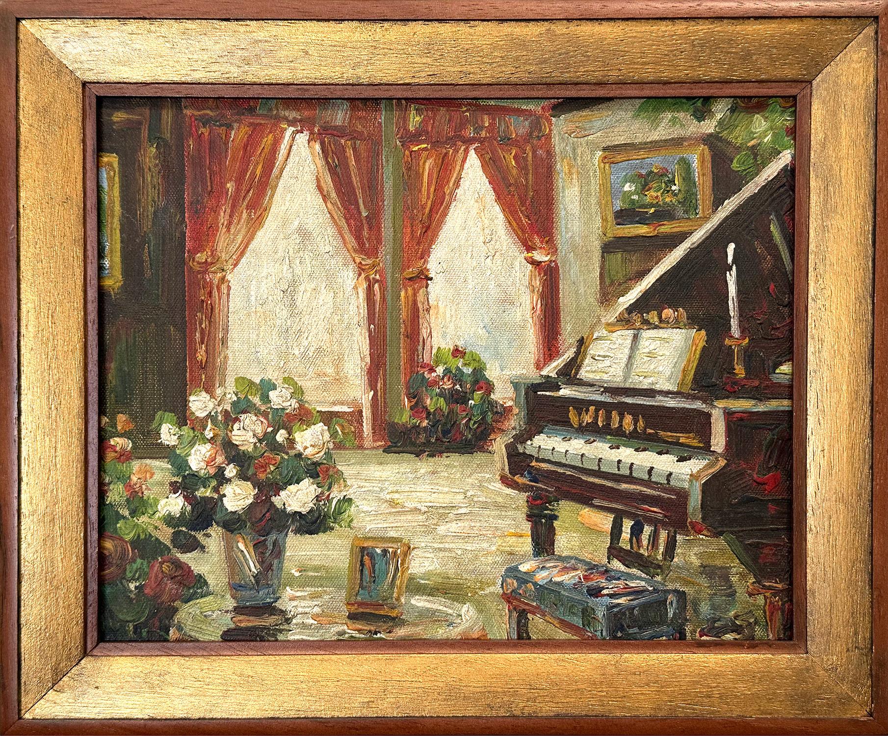 Unknown Interior Painting - "Piano & Flowers" Parisian Impressionistic Oil Painting & Baby Grand Piano