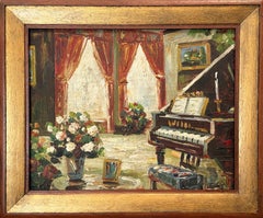 "Piano & Flowers" Parisian Impressionistic Oil Painting & Baby Grand Piano