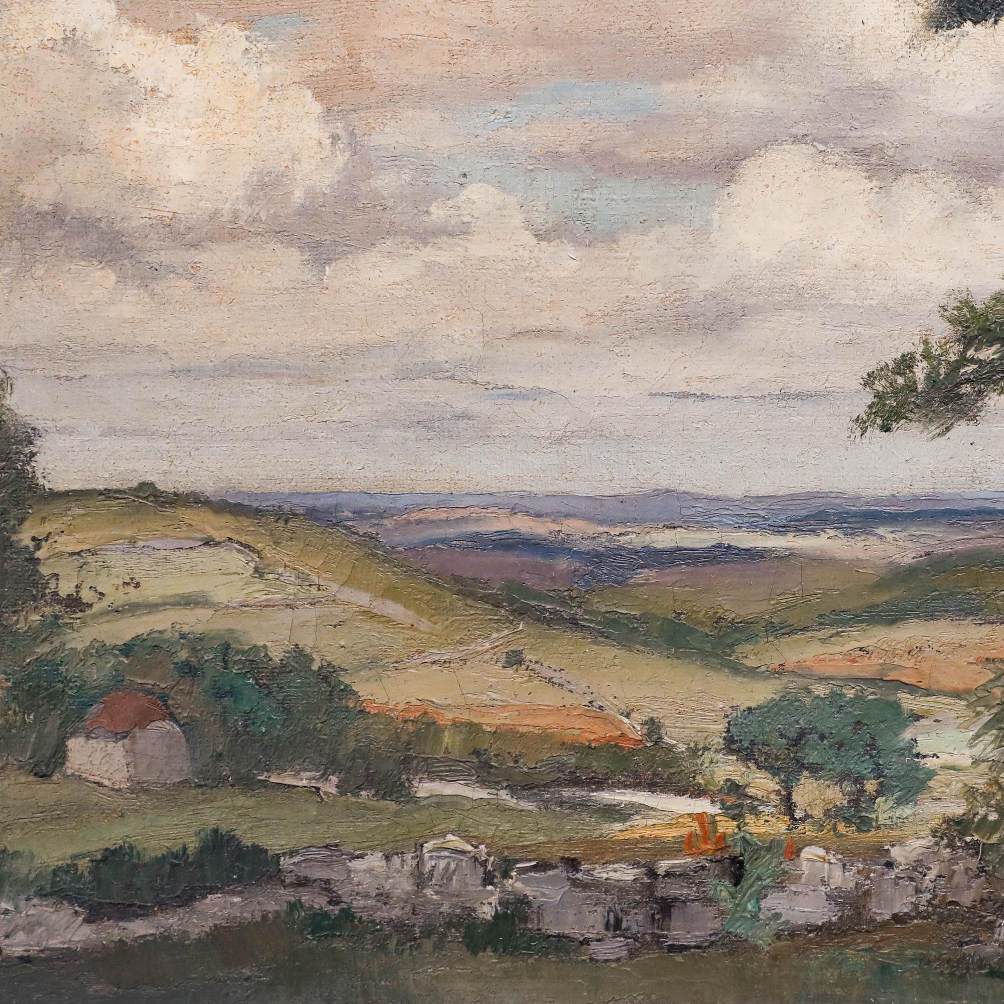 Une magnifique huile du milieu du siècle dernier du peintre français Pierre Bach (1906-1971). La scène dépeint un paysage pastoral serein avec de douces collines ondulantes et une ligne d'horizon délicatement rendue. Appliqué à l'aide d'un couteau à