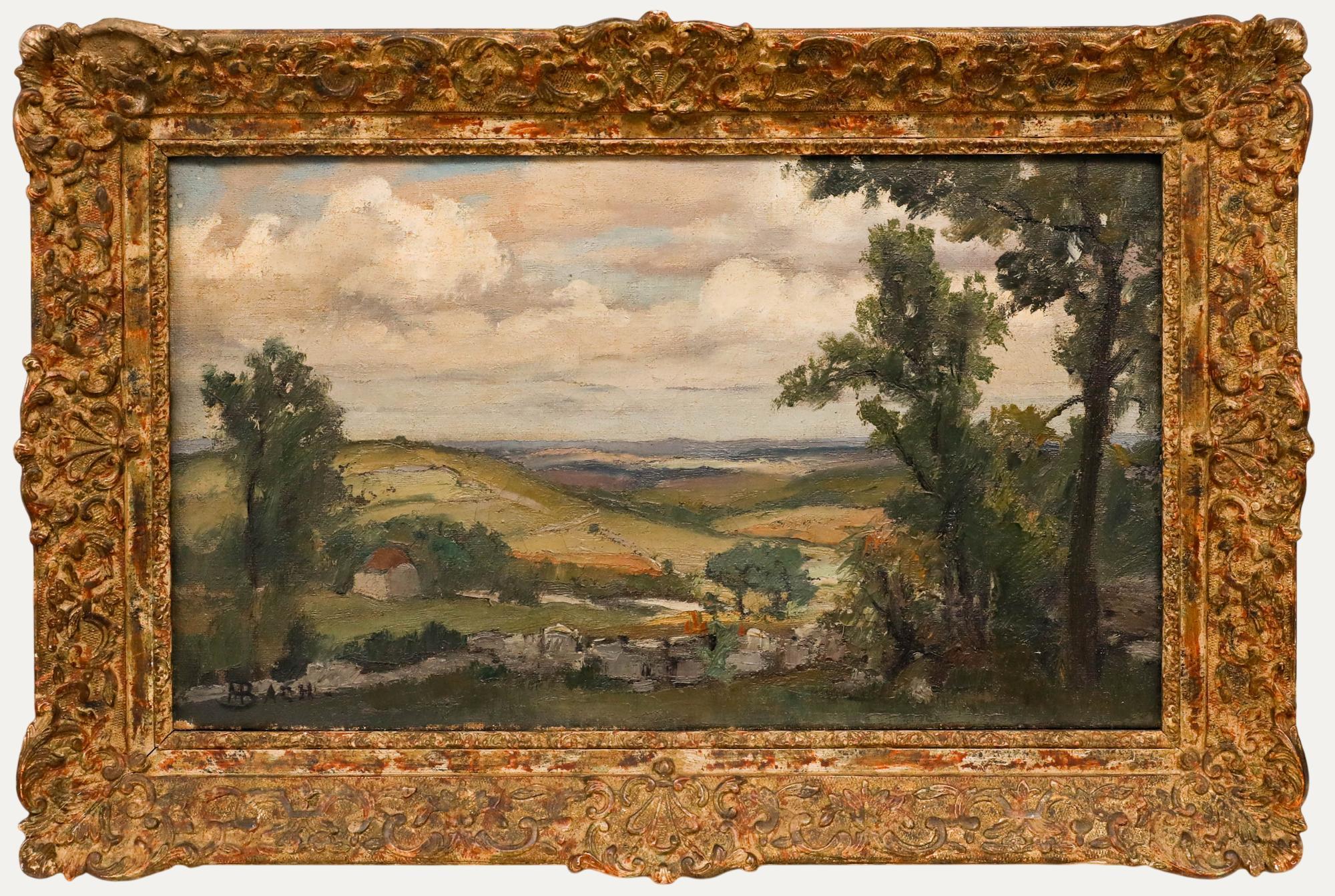 Landscape Painting Unknown - Pierre Bach (1906-1971)- École française Mid 20th Century Huile, Collines Vallonnées