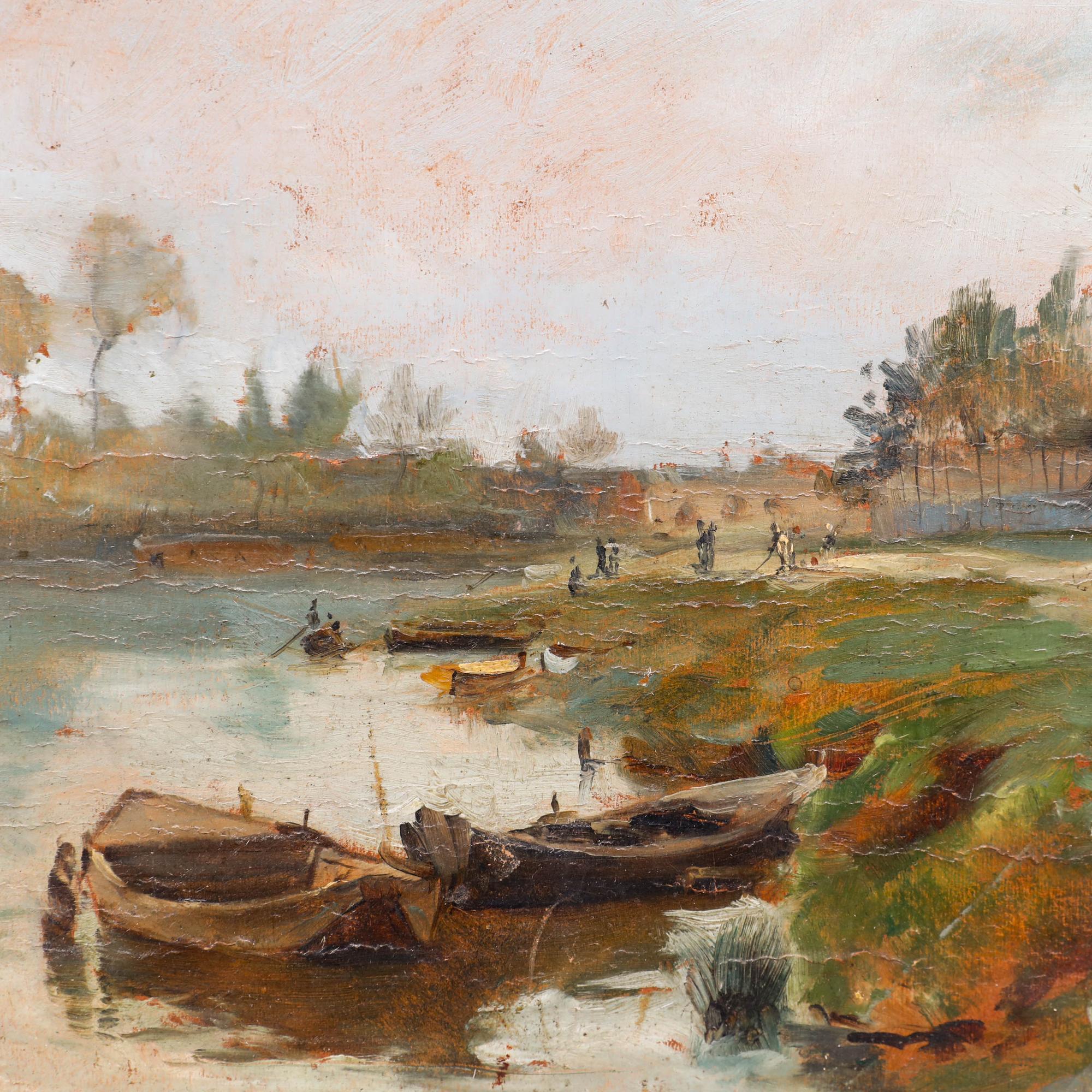 This tranquil landscape painting depicts a serene riverbank scene with wooden boats moored along the water's edge, surrounded by lush vegetation and distant trees under a soft, hazy sky. The artist employs a muted earth-tone palette of browns,