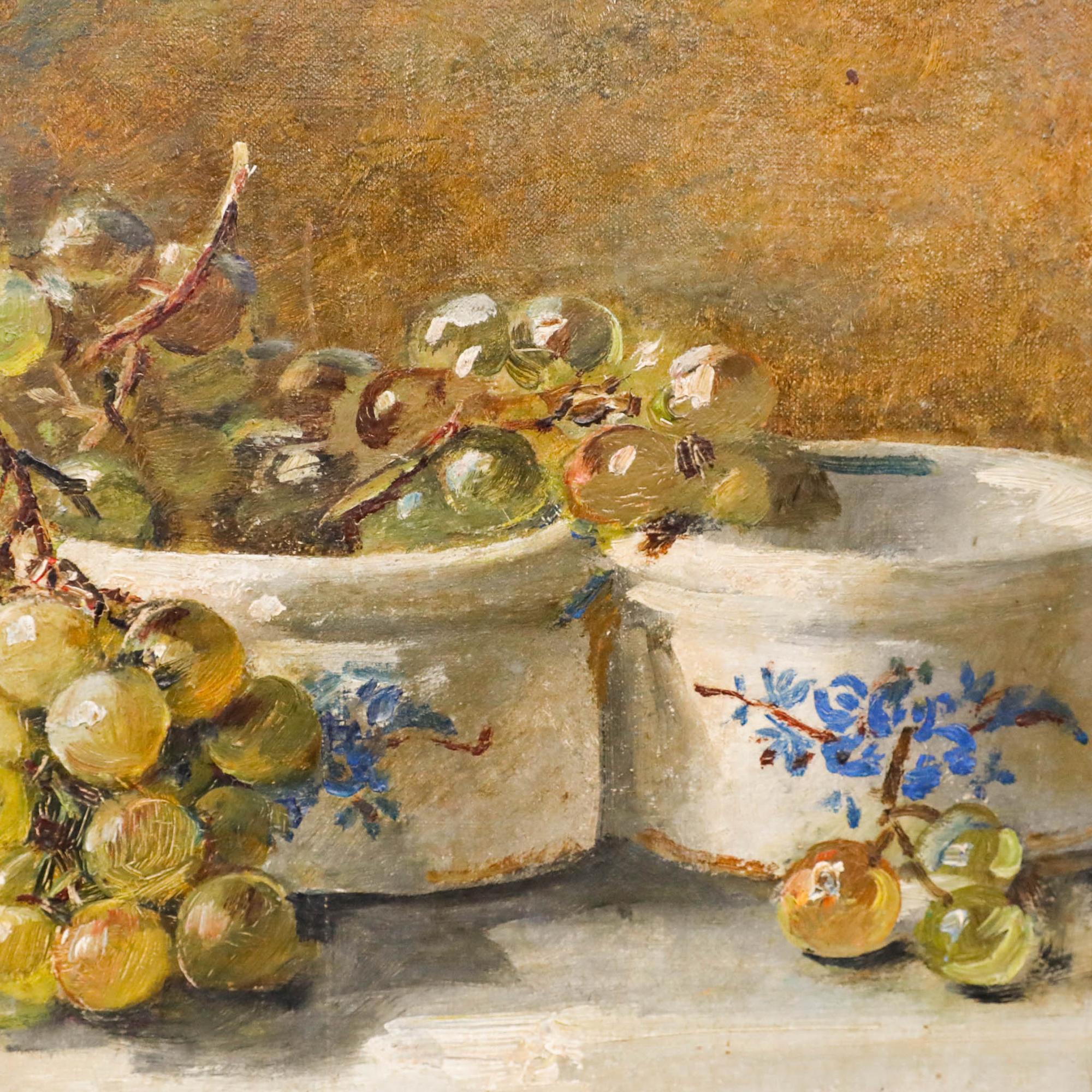 Pierre Nicolas Euler (1846-1915) French school, oil on canvas. Still life of grapes with two floral ramakins. Signed 'P. Euler' to the lower right. Well presented in a rustic wooden frame with a decorative gilt rebate moulding. On canvas laid to