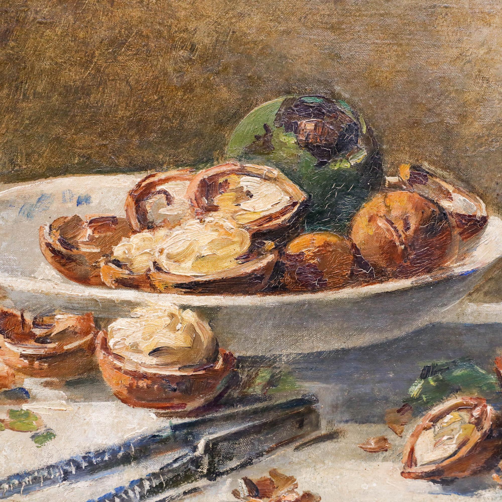 Pierre Nicolas Euler (1846-1915) French school, oil on canvas. Still life of shelled walnuts. Signed 'P. Euler' to right edge. Well presented in a rustic wooden frame with a gilt rebate moulding. On canvas laid to card. 