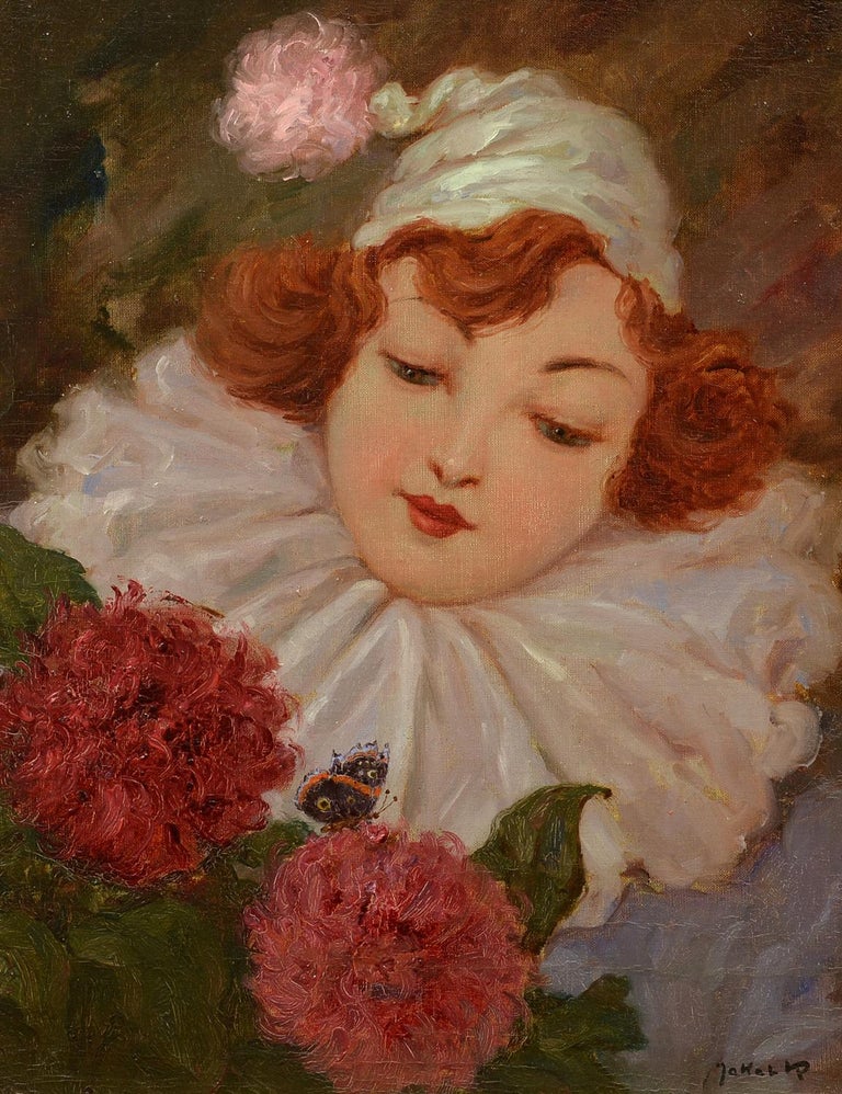 Unknown Portrait Painting - "Pierrot and the Butterfly," Early 20th Century Impressionist Oil Portrait