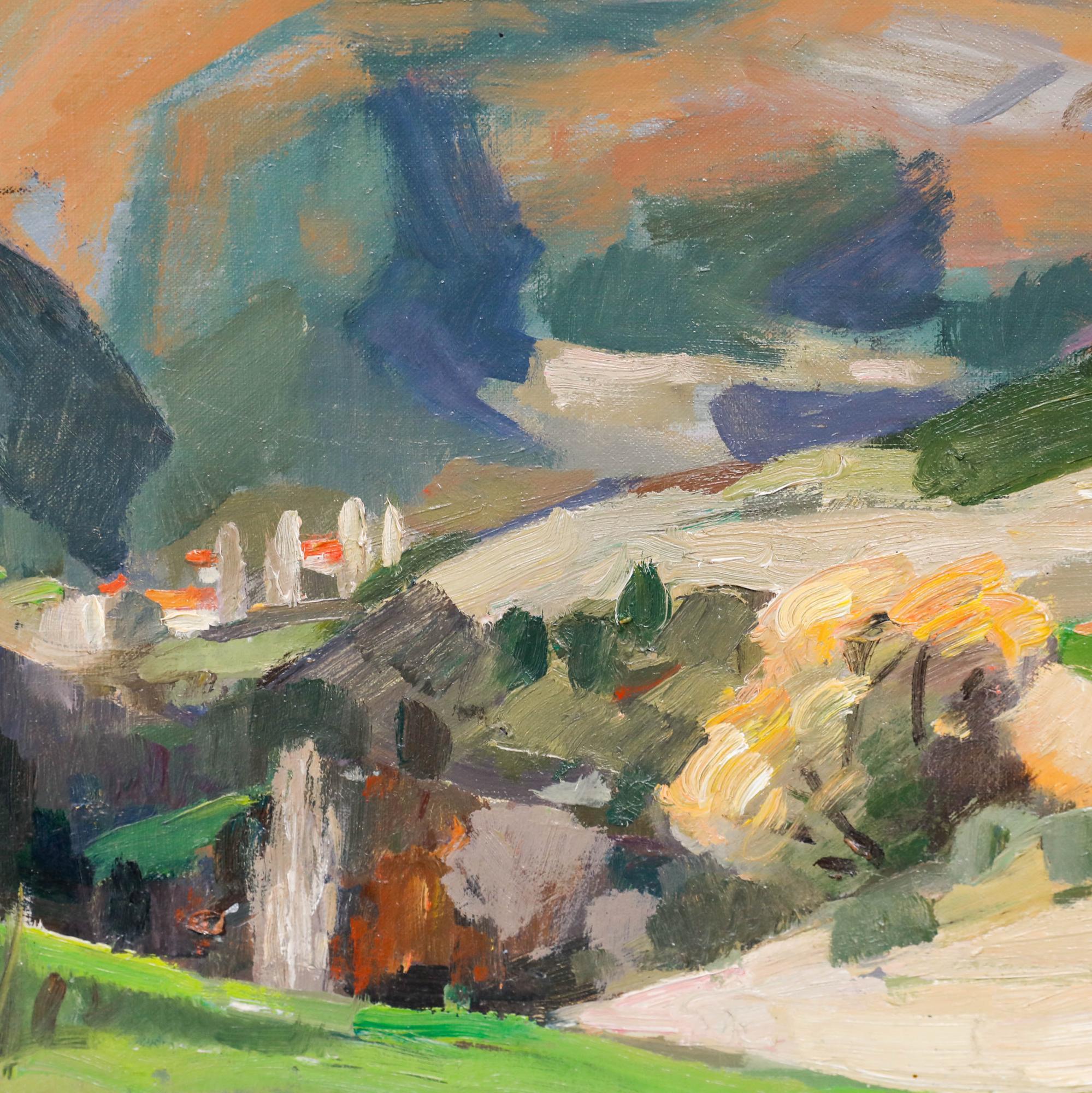 Ein gestisches Landschaftsgemälde von Pieter Oving (1923-2004), das die raue Schönheit der französischen Landschaft mit ihren sanften Hügeln und fernen Gipfeln in weichen, gedämpften Tönen darstellt. Rechts unten vom Künstler signiert. Auf Leinwand