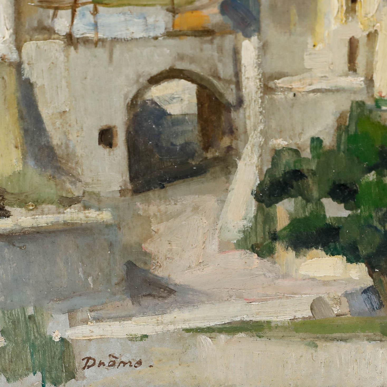 This impressionist work by Pieter Oving depicts the charming Pont-de-Barret commune in France's Drôme department. Golden sunlight illuminates the faces of the buildings in this quaint historic town. Signed and indistinctly dated to the lower right.