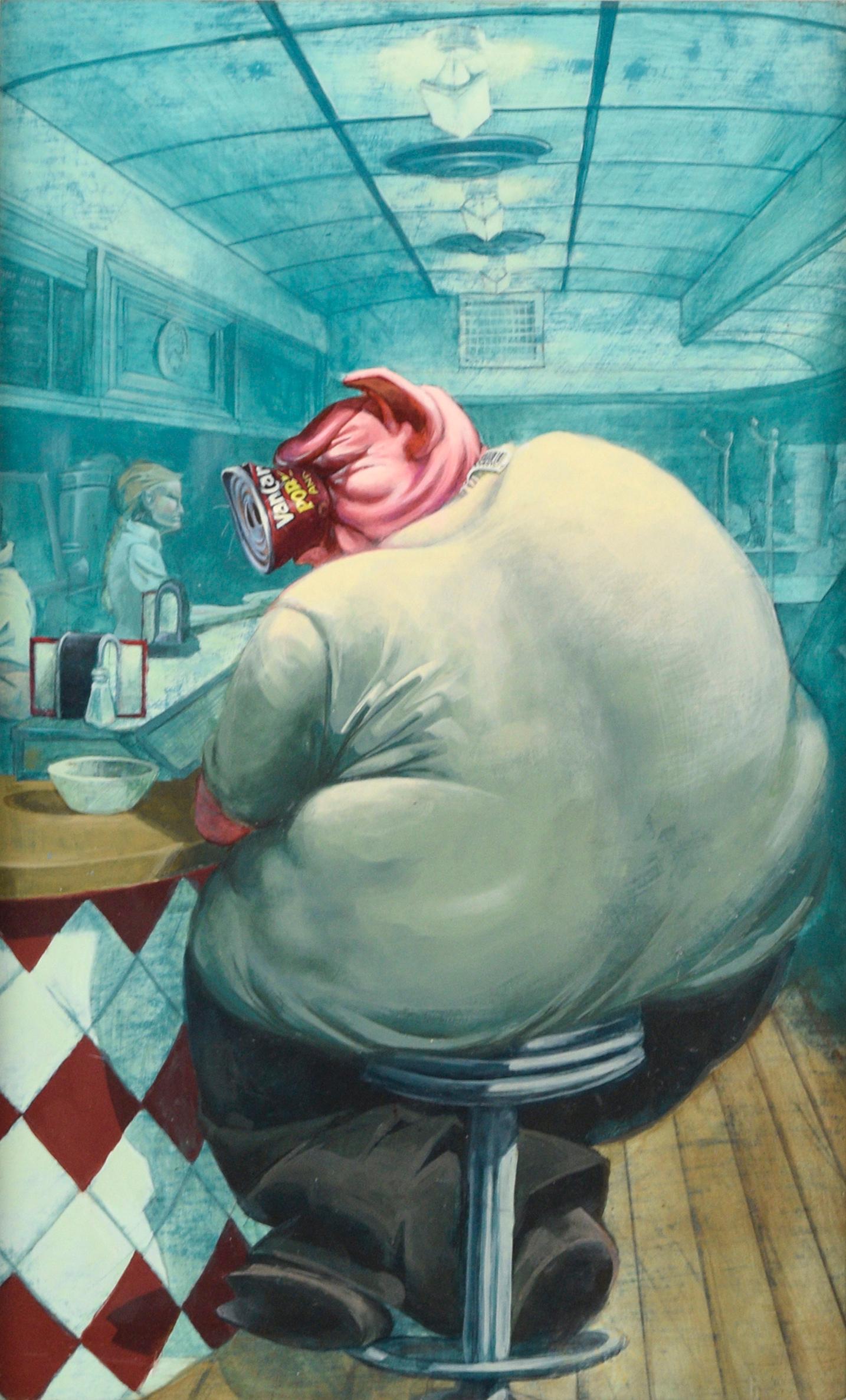 Pigging Out at the Diner, Surreal Anthropomorphic Pig Satirical Illustration - Painting by Unknown