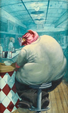 Pigging Out at the Diner, Surreal Anthropomorphic Pig Satirical Illustration