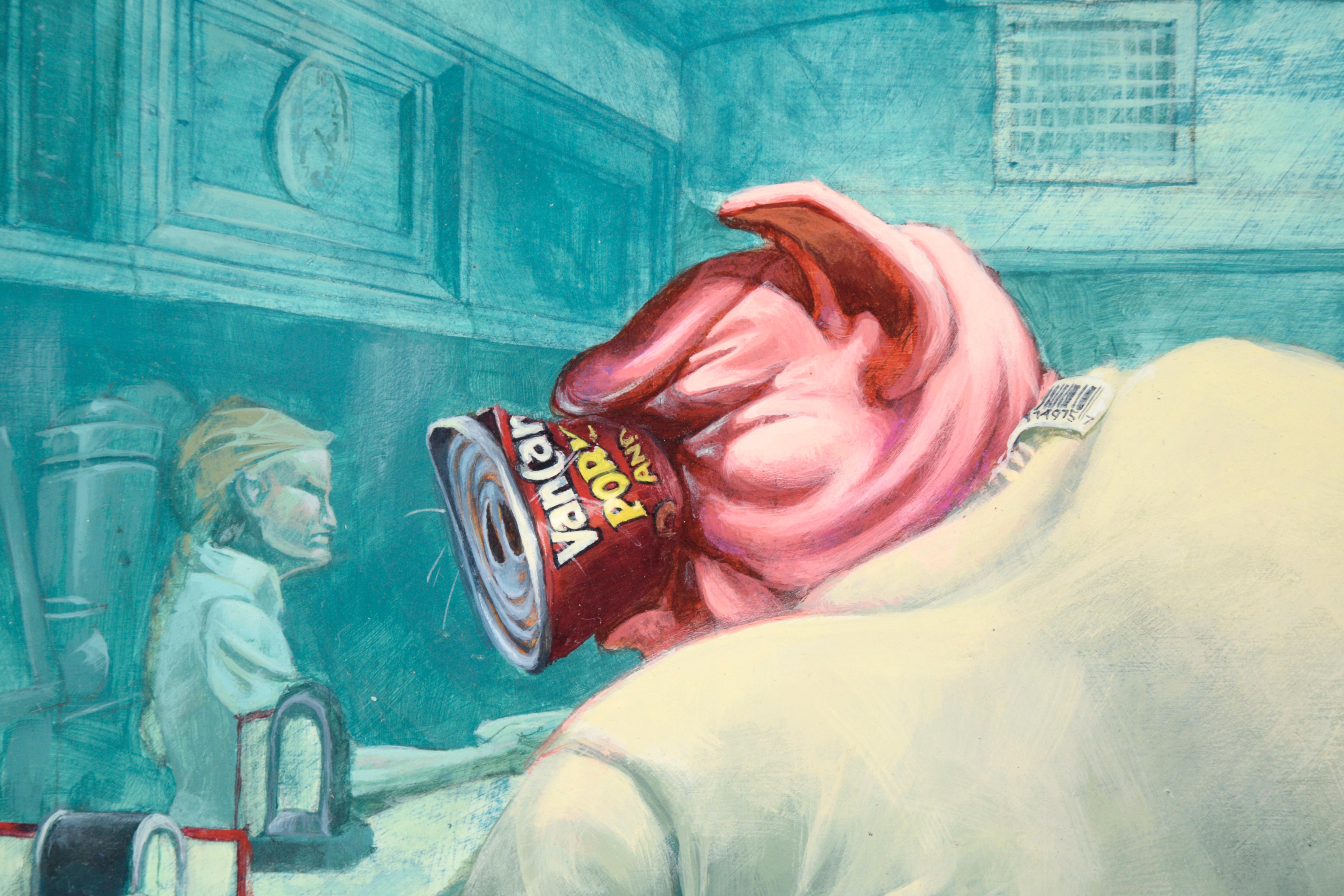 Pigging Out at the Diner, Surreales anthropomorphes Schwein, satirische Illustration (Grau), Animal Painting, von Unknown