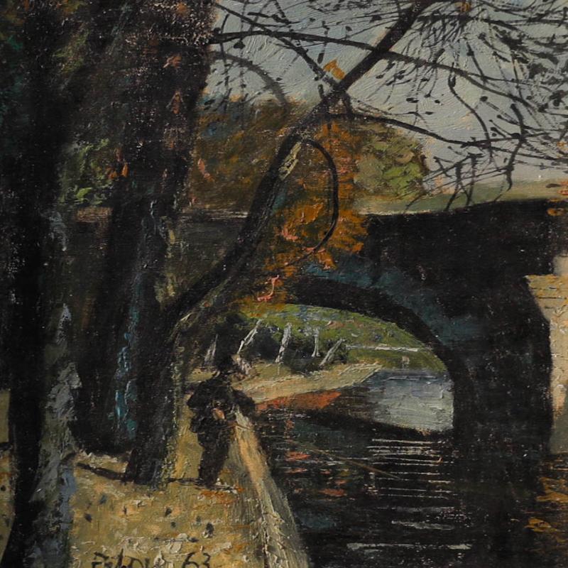 Pilou, huile du milieu du 20e siècle encadrée, pêche près du pont - Painting de Unknown