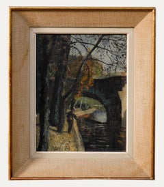 Pilou - Framed Mid 20th Century Oil, Fishing near the Bridge