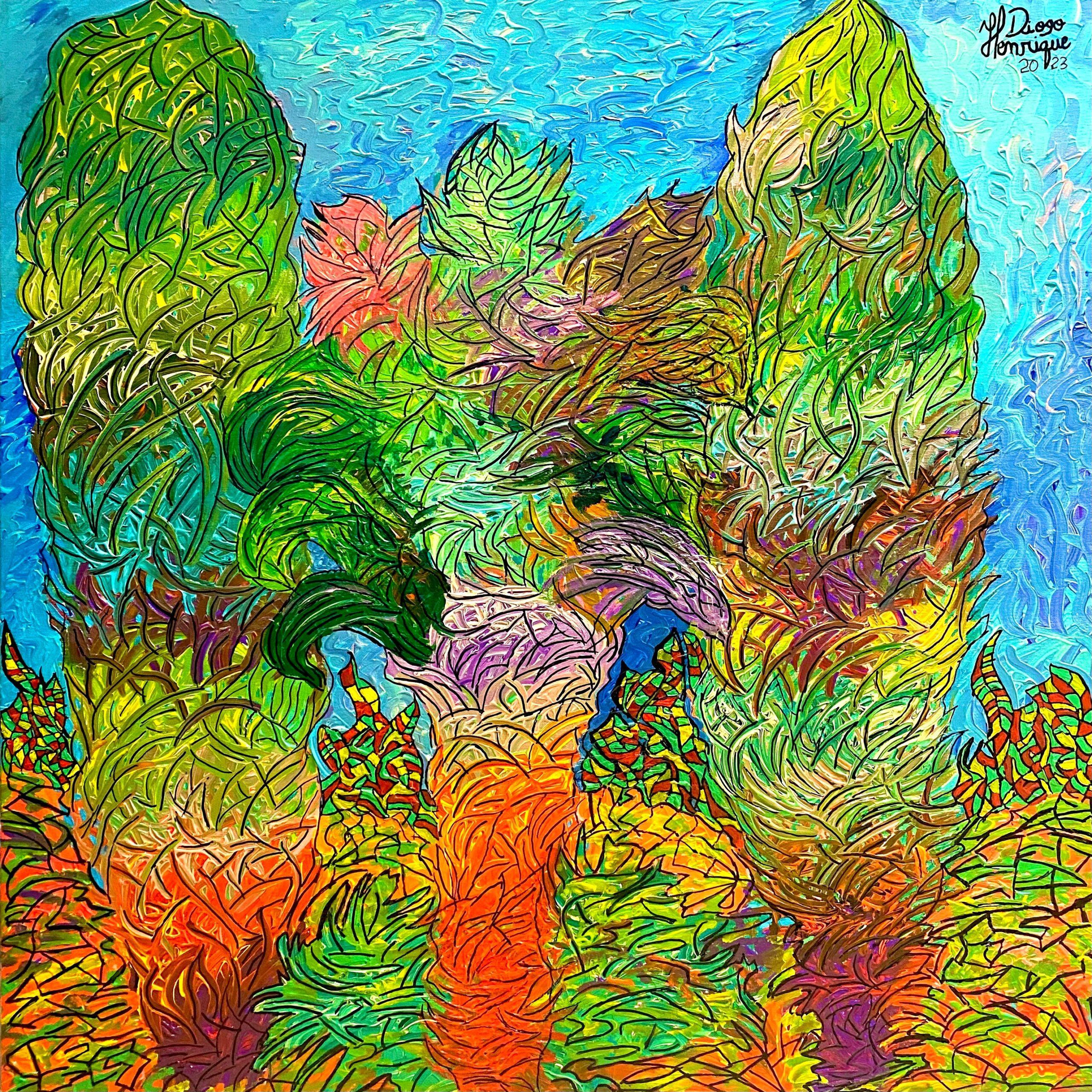 Kiefernbäume, die nicht aufhören wachsen, von Henrique Diogo – Painting von Unknown