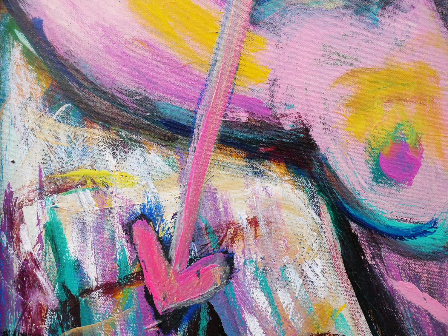 Quadro astratto contemporaneo di una donna bionda in rosa, blu e giallo 6