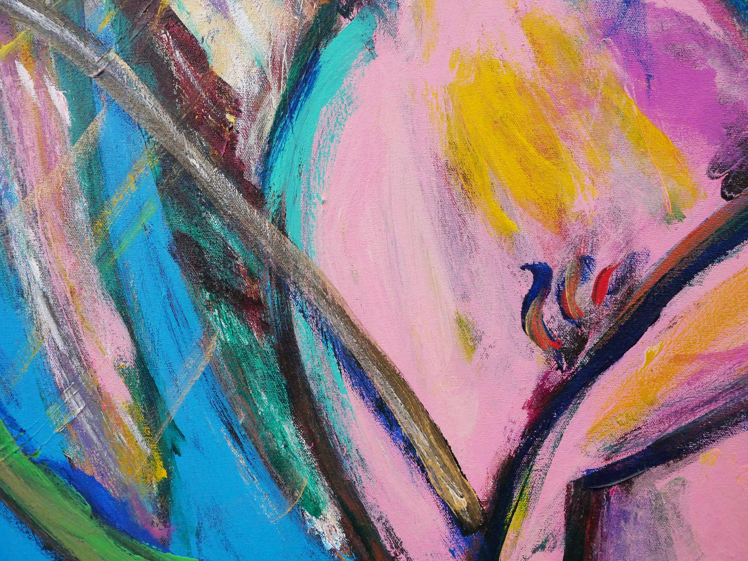 Quadro astratto contemporaneo di una donna bionda in rosa, blu e giallo 7