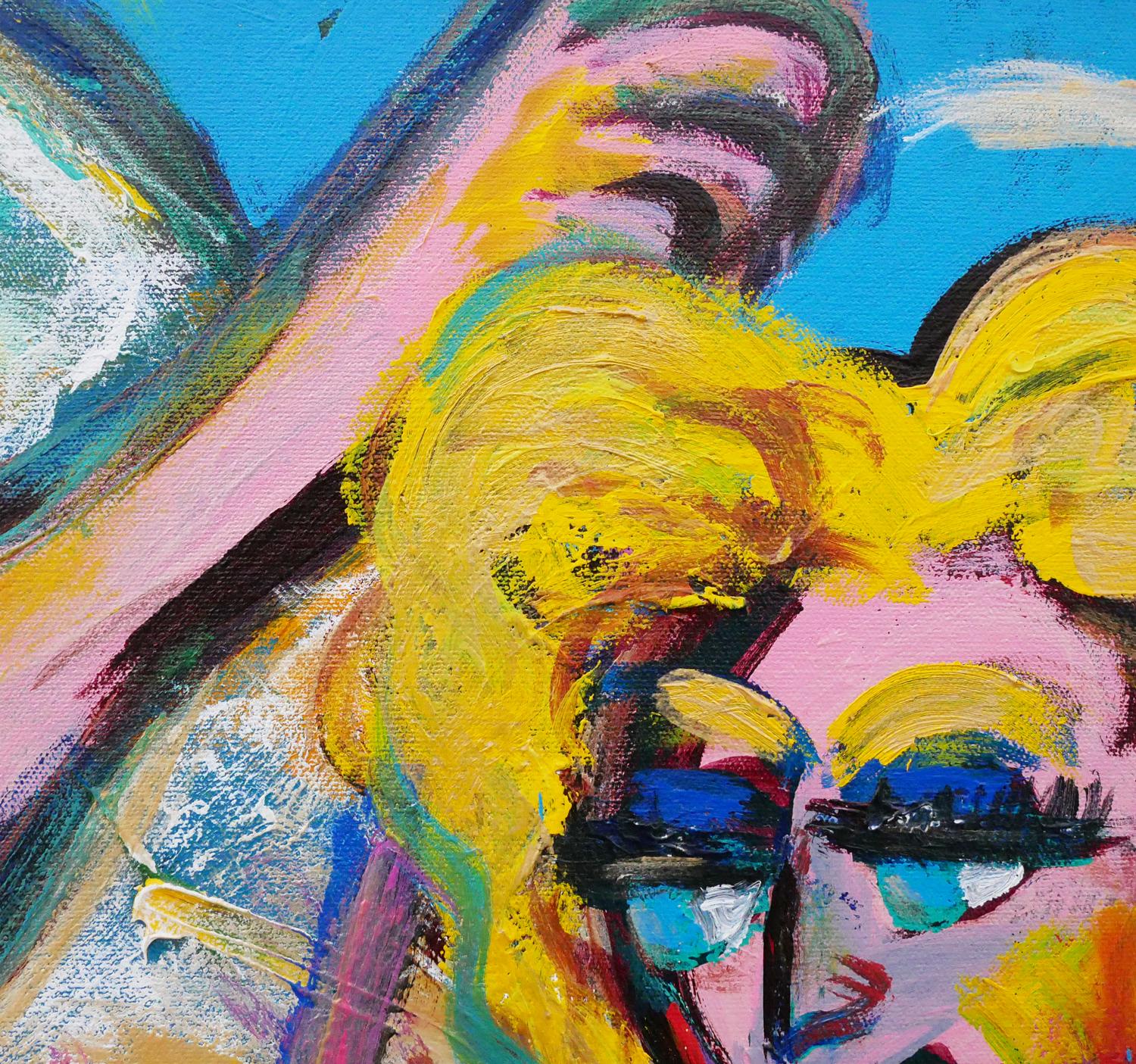 Quadro astratto contemporaneo di una donna bionda in rosa, blu e giallo 8