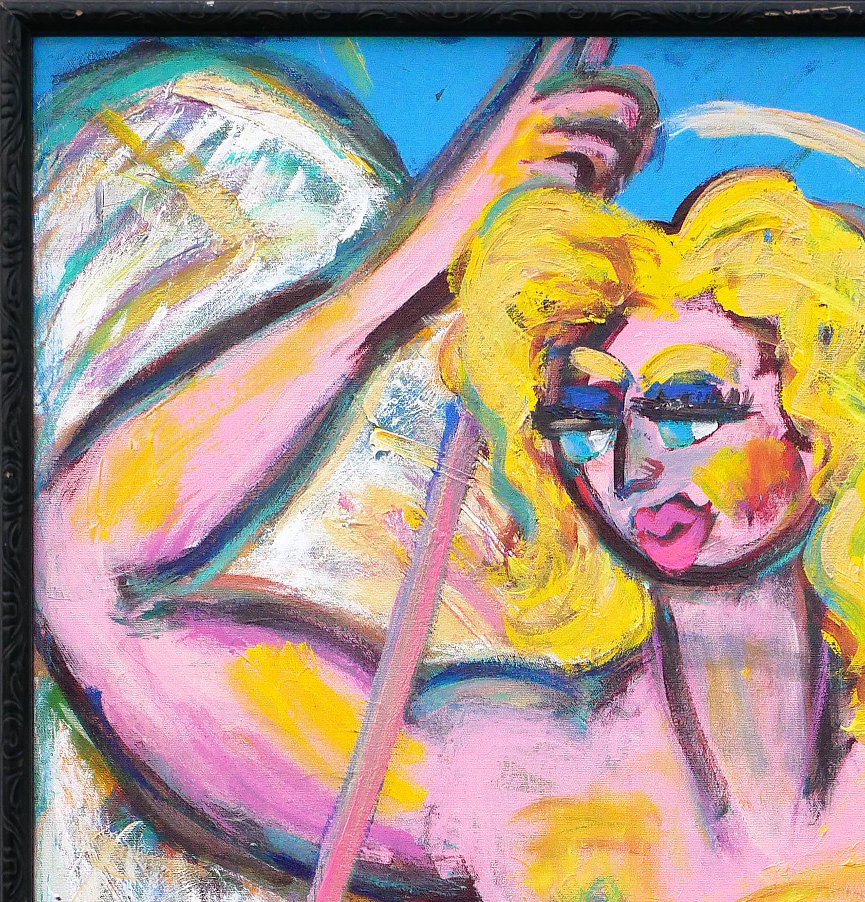 Quadro astratto contemporaneo di una donna bionda in rosa, blu e giallo - Painting Contemporaneo di Unknown