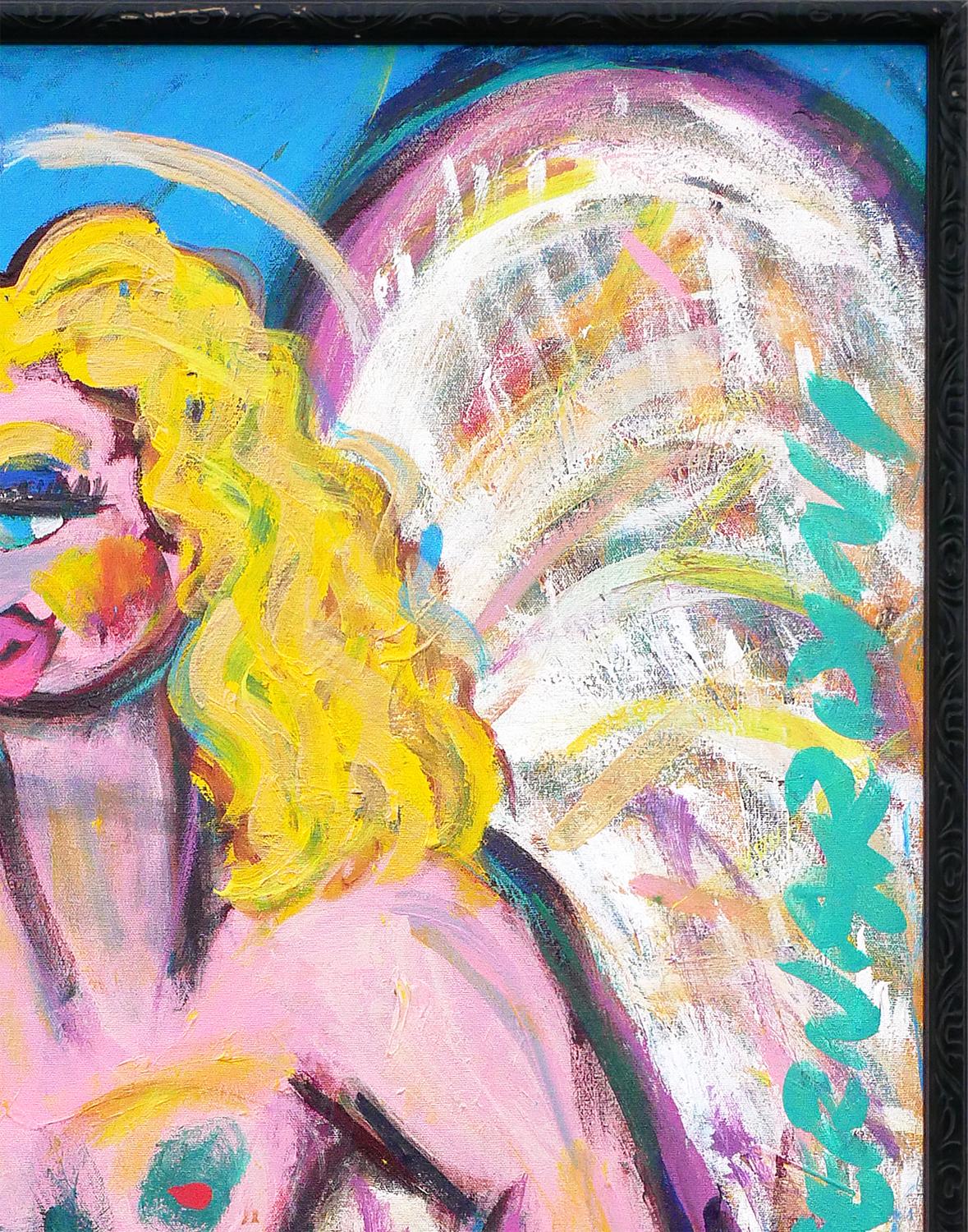 Quadro figurativo astratto contemporaneo dai toni blu e rosa di un artista sconosciuto. Il dipinto raffigura una figura di cupido / cherubino con un fisico femminile. La donna nuda ha la pelle rosa e i capelli giallo-biondi e tiene in mano un arco e