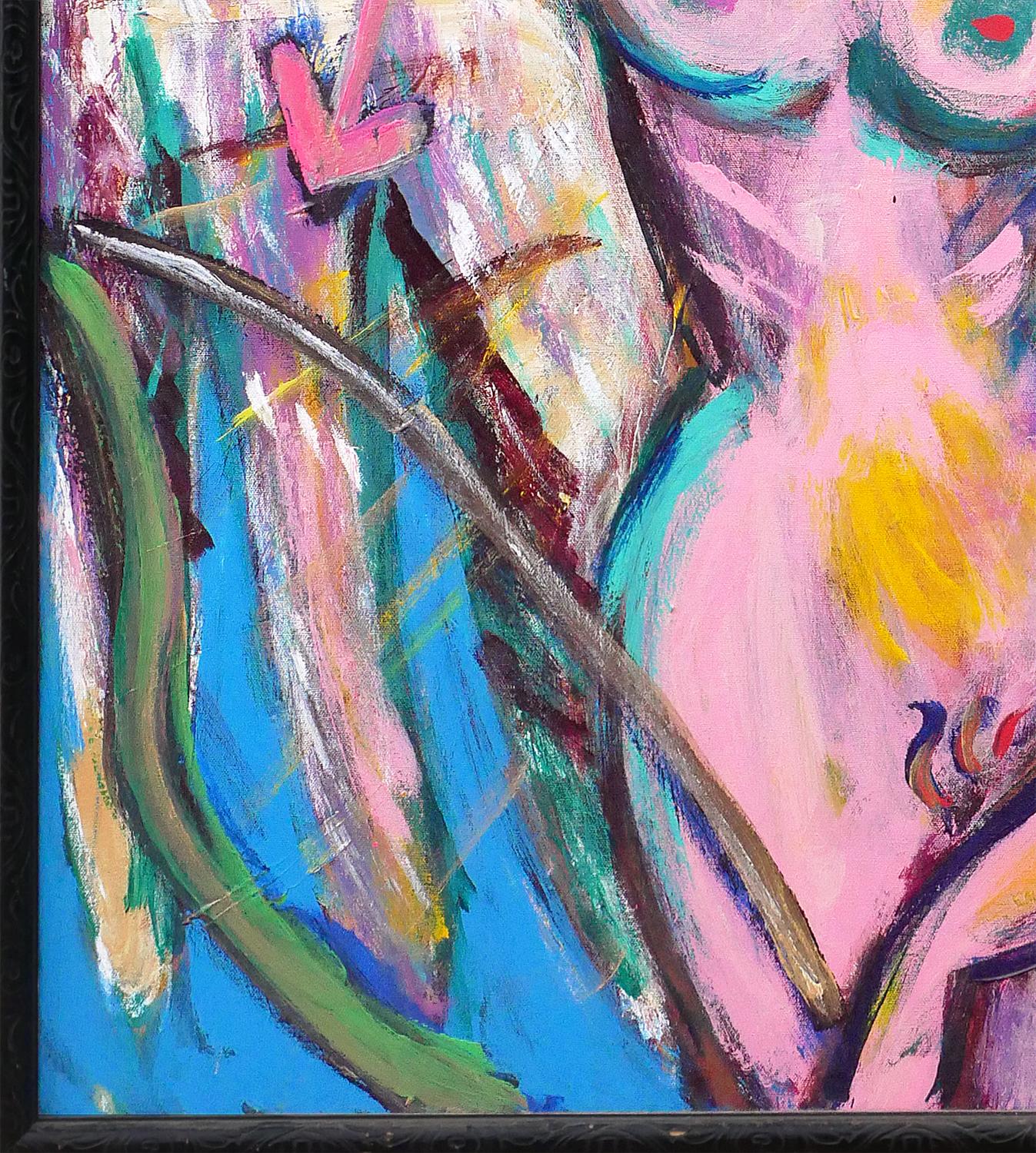 Quadro astratto contemporaneo di una donna bionda in rosa, blu e giallo 1