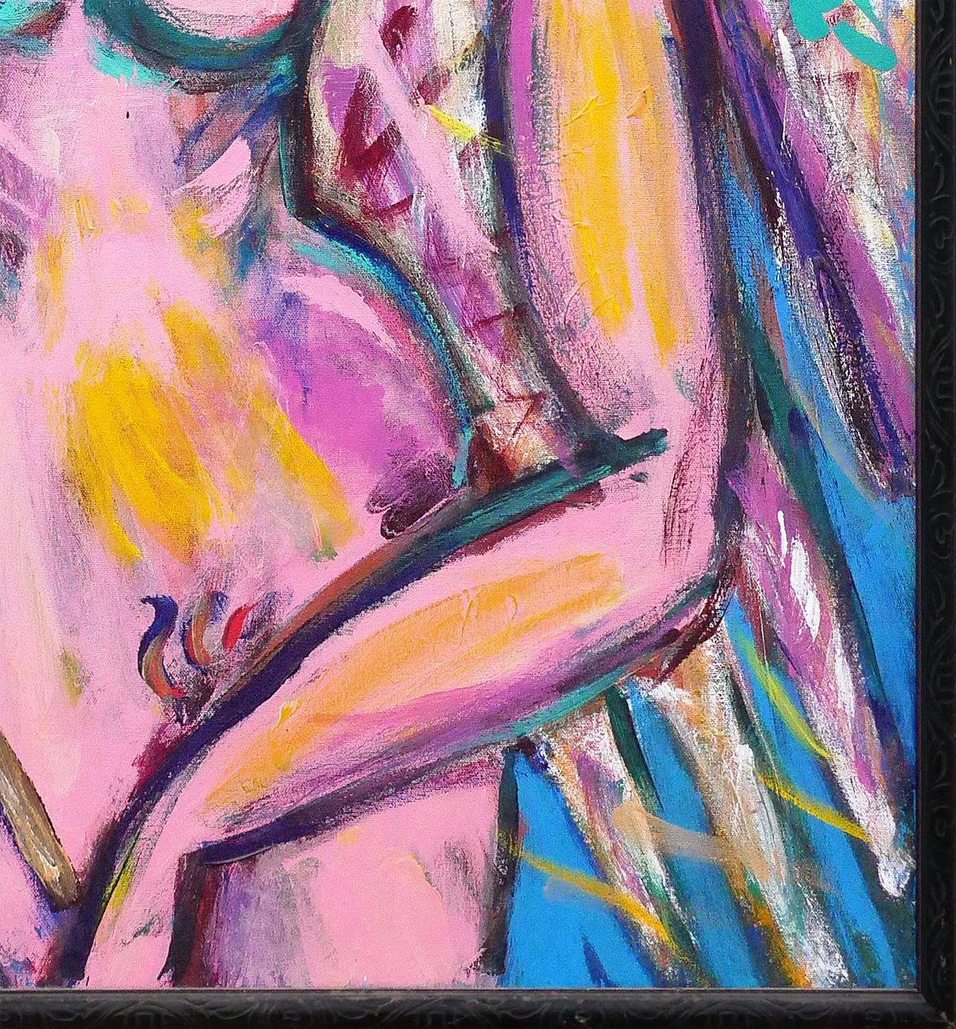 Quadro astratto contemporaneo di una donna bionda in rosa, blu e giallo 2