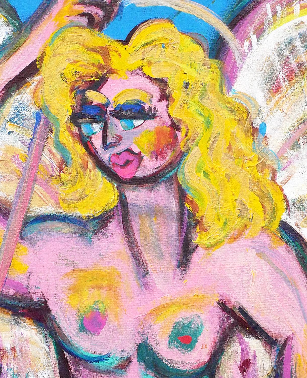 Quadro astratto contemporaneo di una donna bionda in rosa, blu e giallo 3