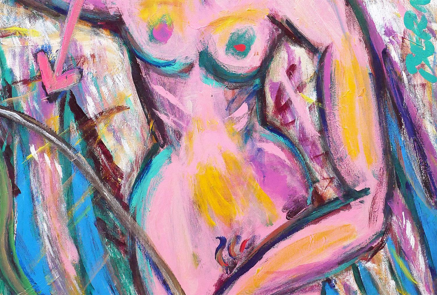 Quadro astratto contemporaneo di una donna bionda in rosa, blu e giallo 4