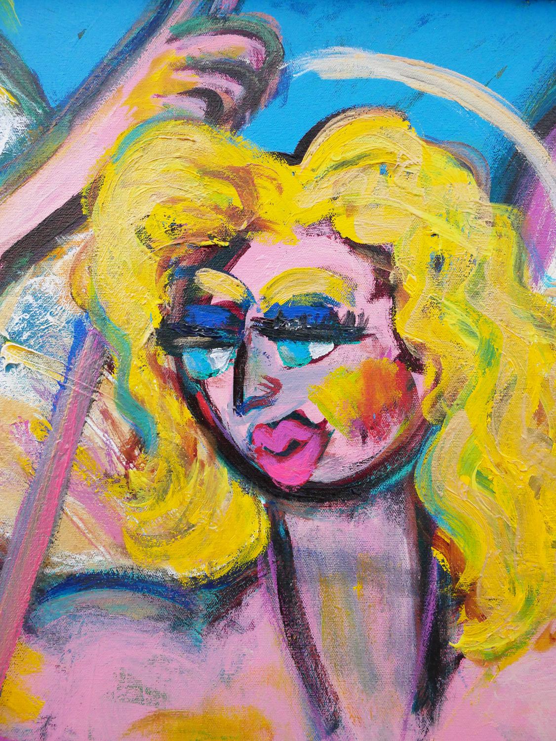 Quadro astratto contemporaneo di una donna bionda in rosa, blu e giallo 5