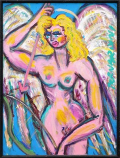 Pink, Blue, and Yellow Abstract Contemporary Nude Painting of a Blonde Lady