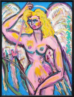 Peinture abstraite rose, bleue et jaune d'une femme blonde