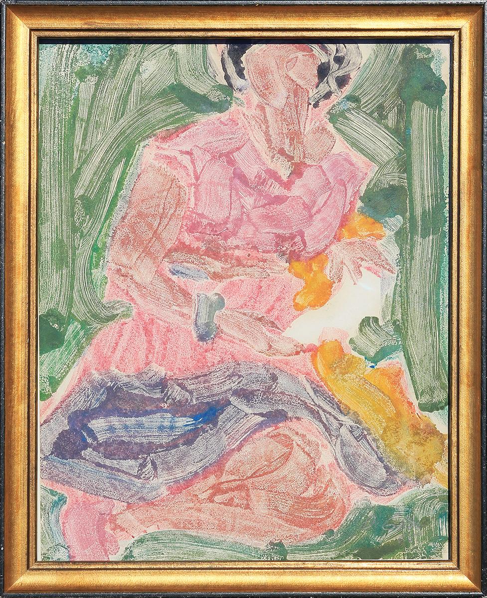 Unknown Abstract Painting - Pink, Green, Yellow and Blue Abstract Figurative Portrait of a Woman	