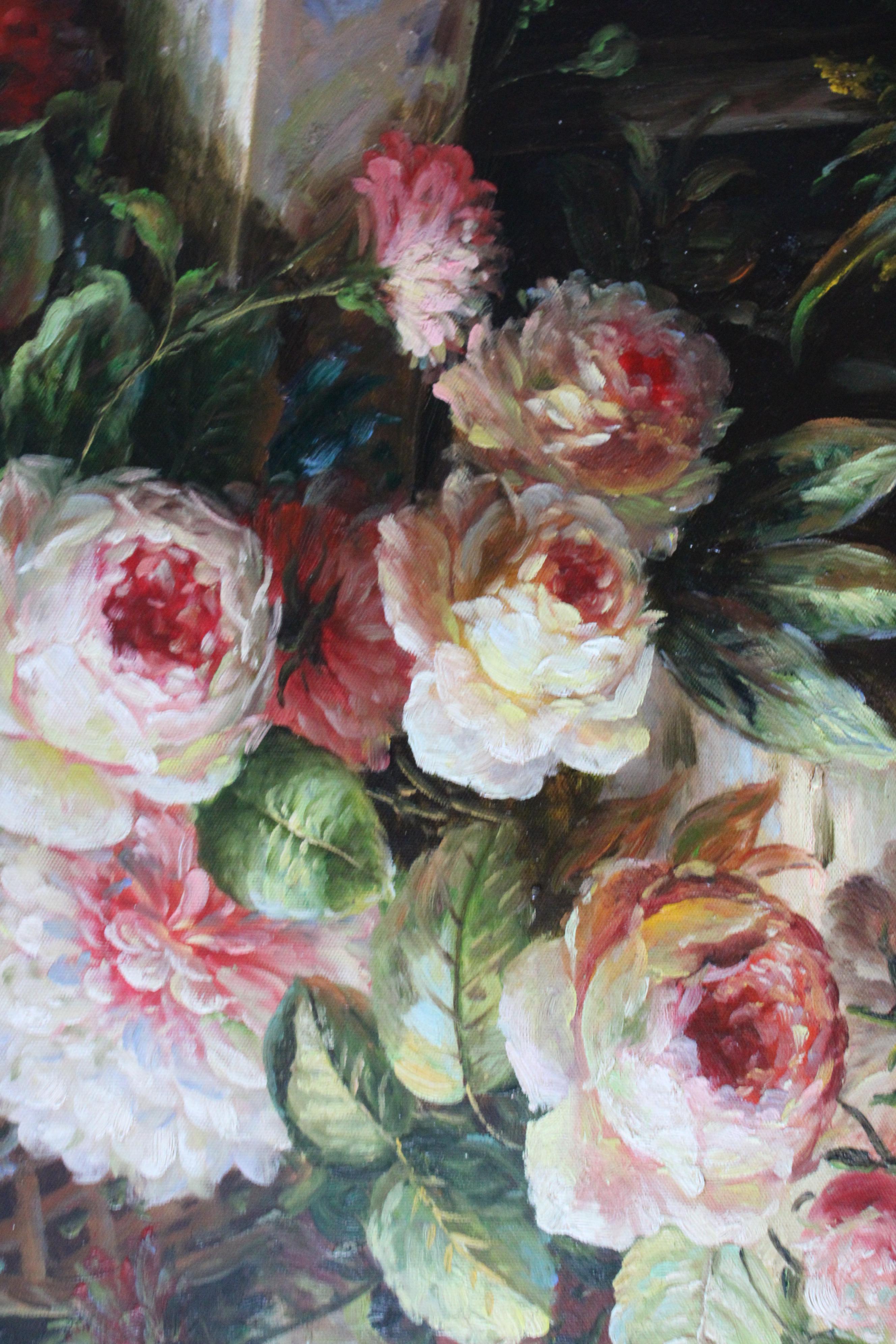 Pink Peonies Still Life Oil Painting on Canvas Large Vintage Flowers on Canvas im Angebot 3