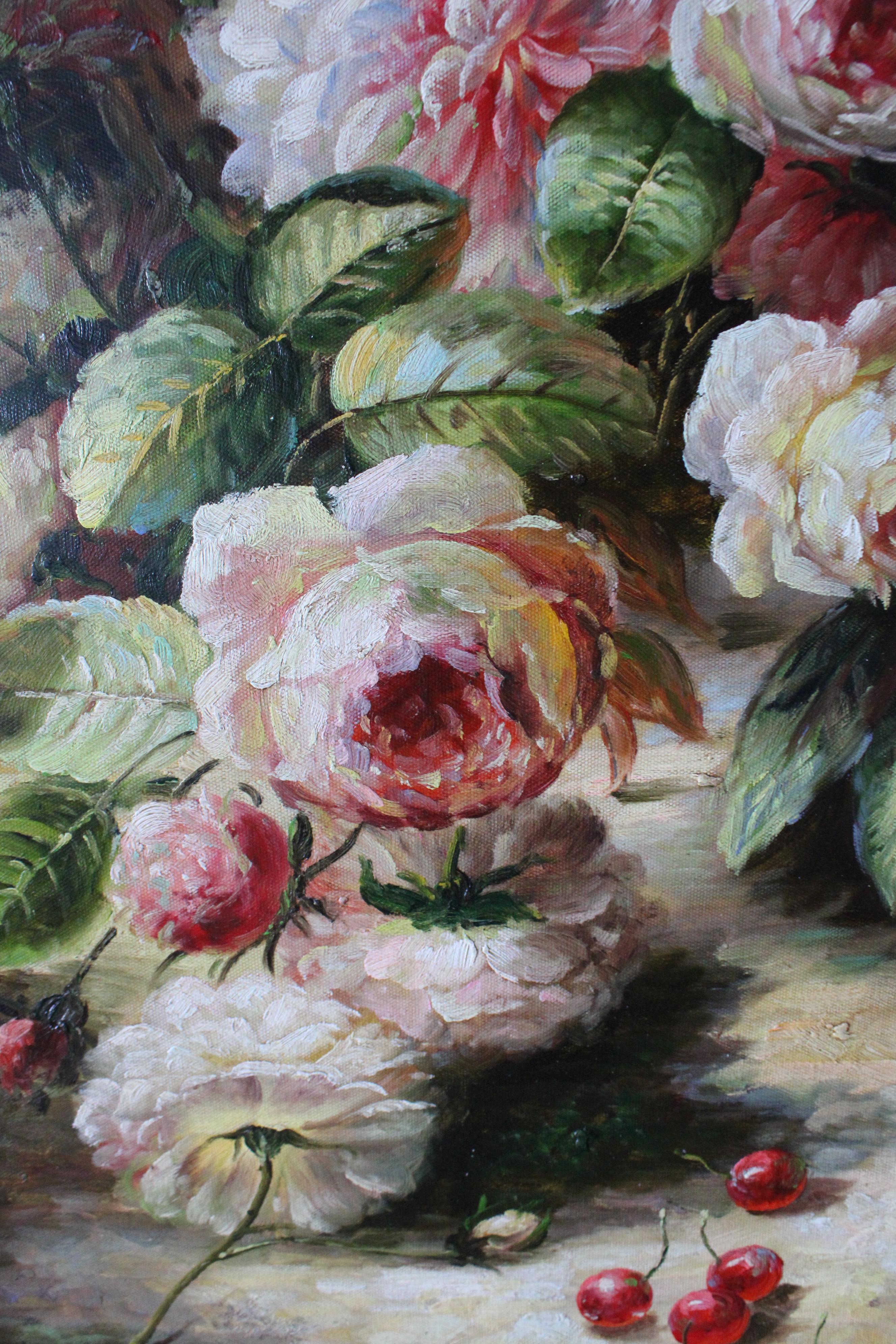 Pink Peonies Still Life Oil Painting on Canvas Large Vintage Flowers on Canvas im Angebot 6