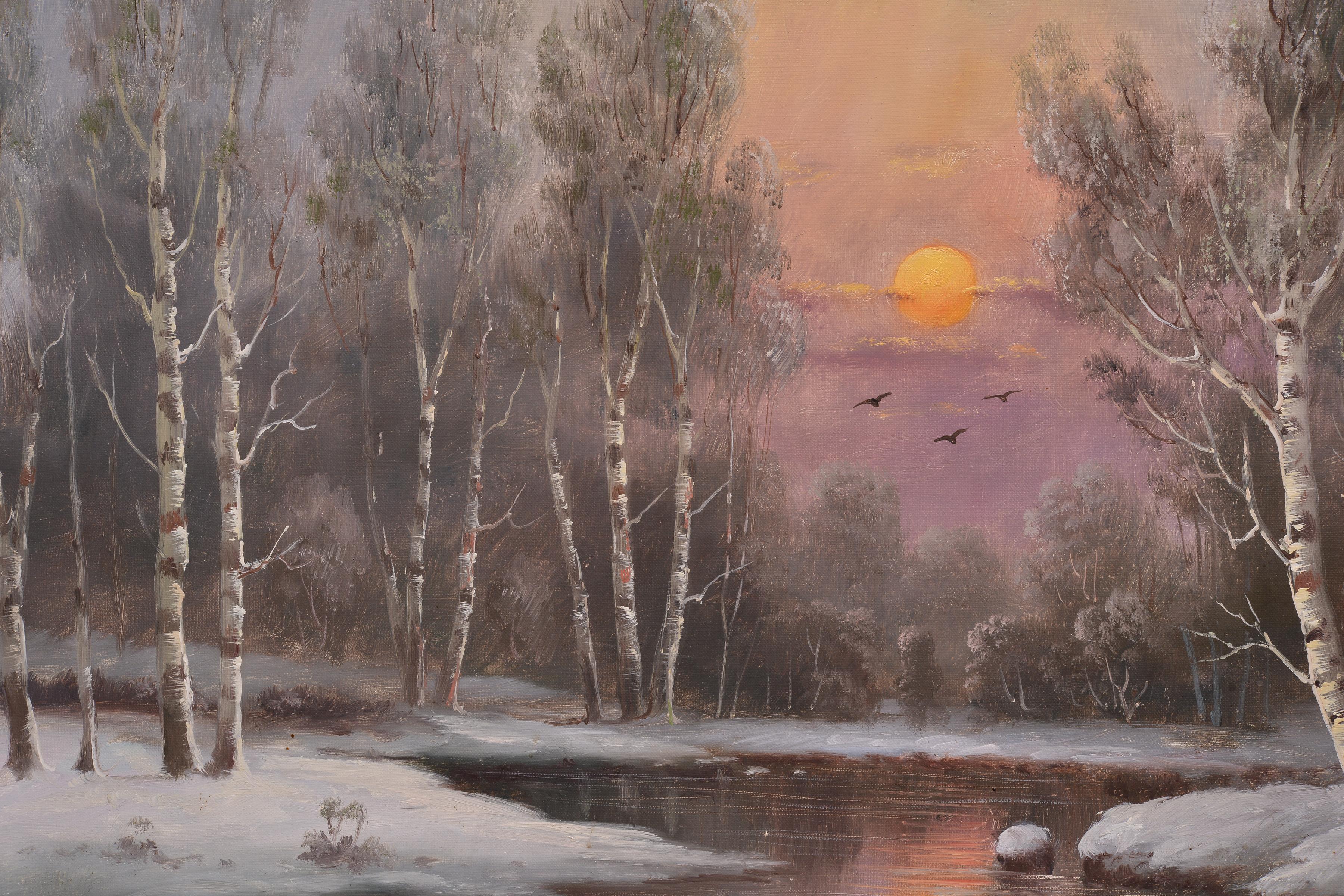 Pink Sunset in Winter Birch Forest Giant Landscape early 20 Сentury Oil Painting - Brown Landscape Painting by Unknown