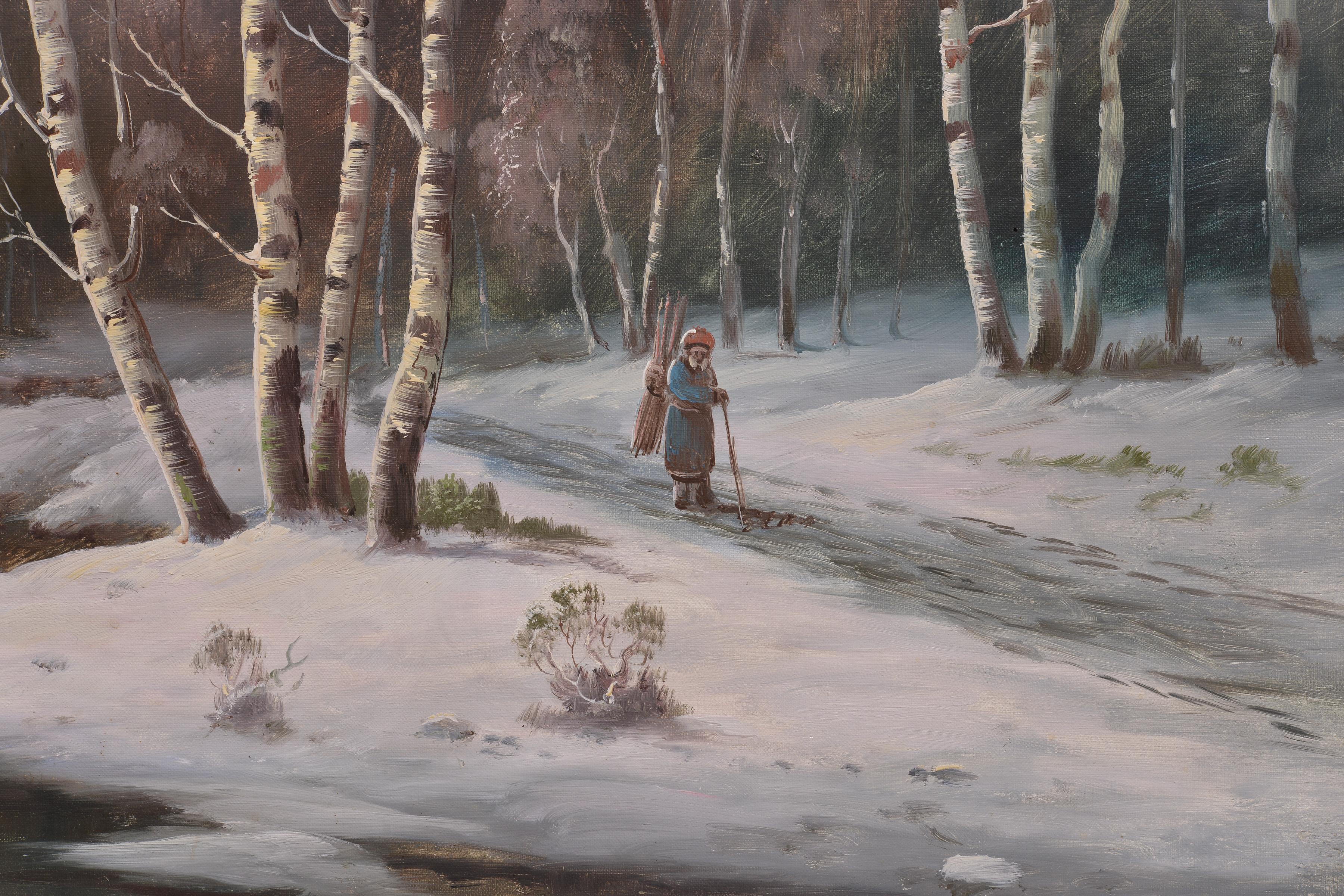 An impressive painting in size and execution, a frosty winter day in a birch grove with a small pond. The orange-yellow sunset reflected on the surface of the pond creates the illusion of bizarre reflections. The frosty haze that has enveloped the