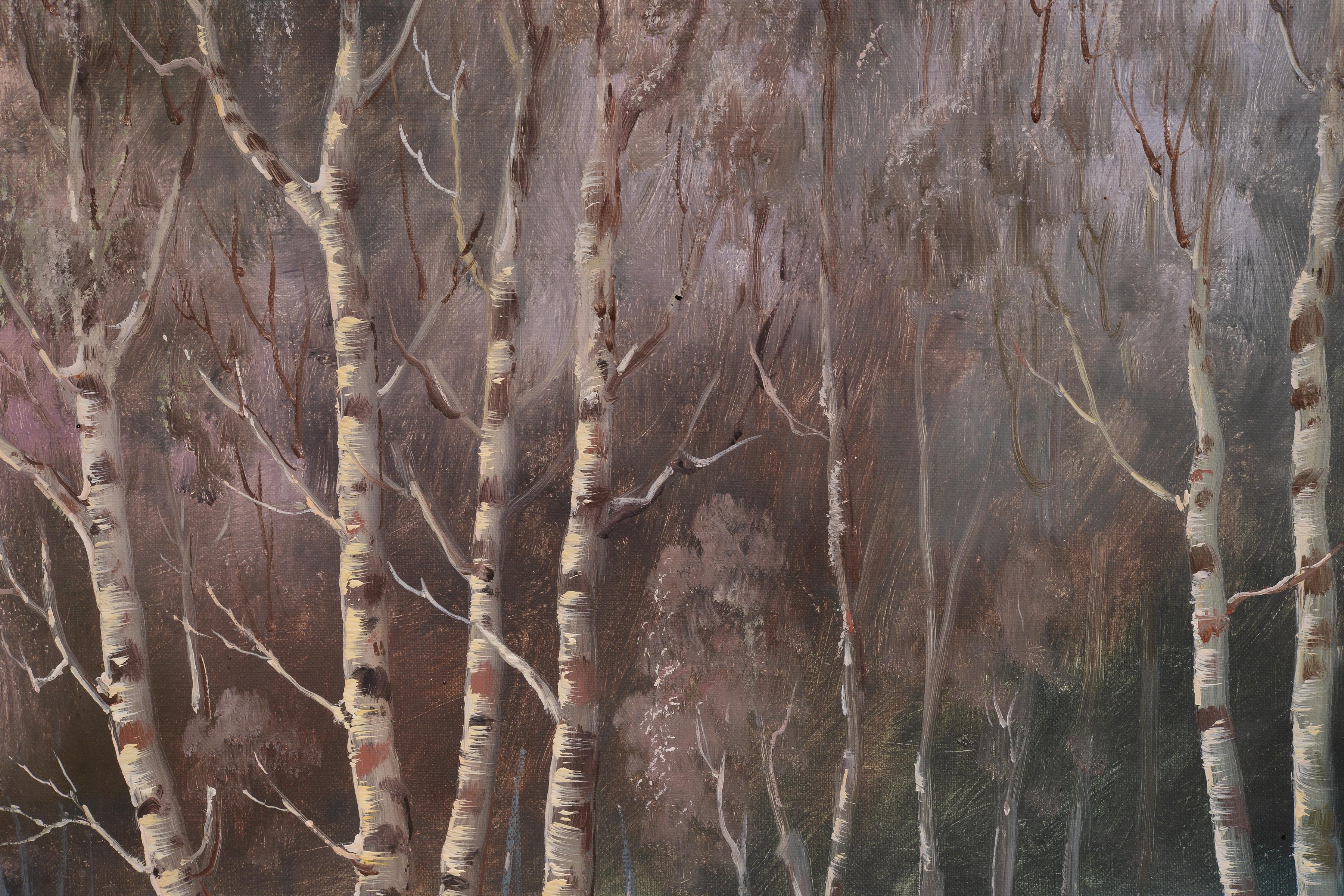 Pink Sunset in Winter Birch Forest Giant Landscape early 20 Сentury Oil Painting For Sale 1