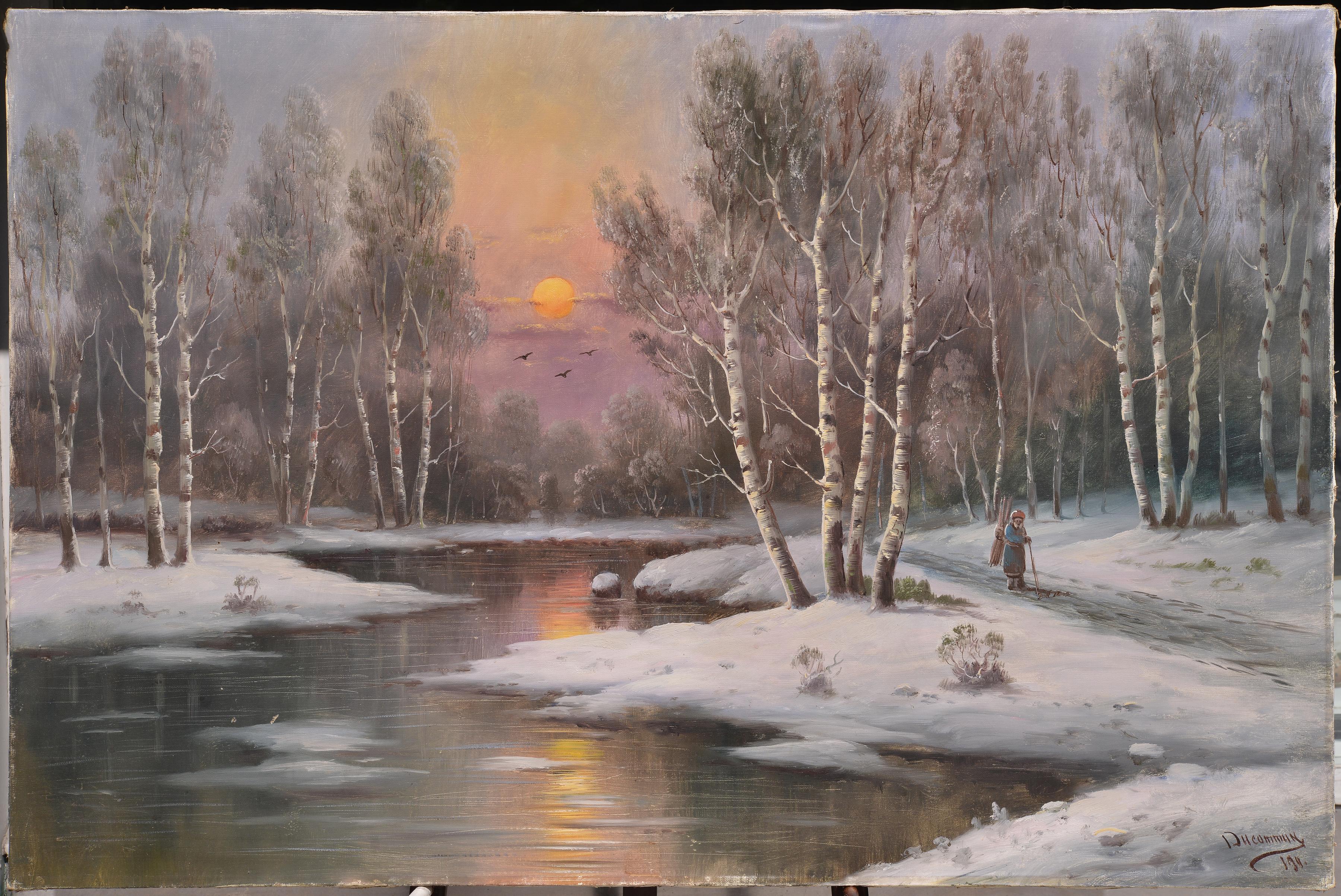 Tramonto rosa nella foresta di betulle d'inverno Paesaggio gigante del primo Novecento Pittura a olio