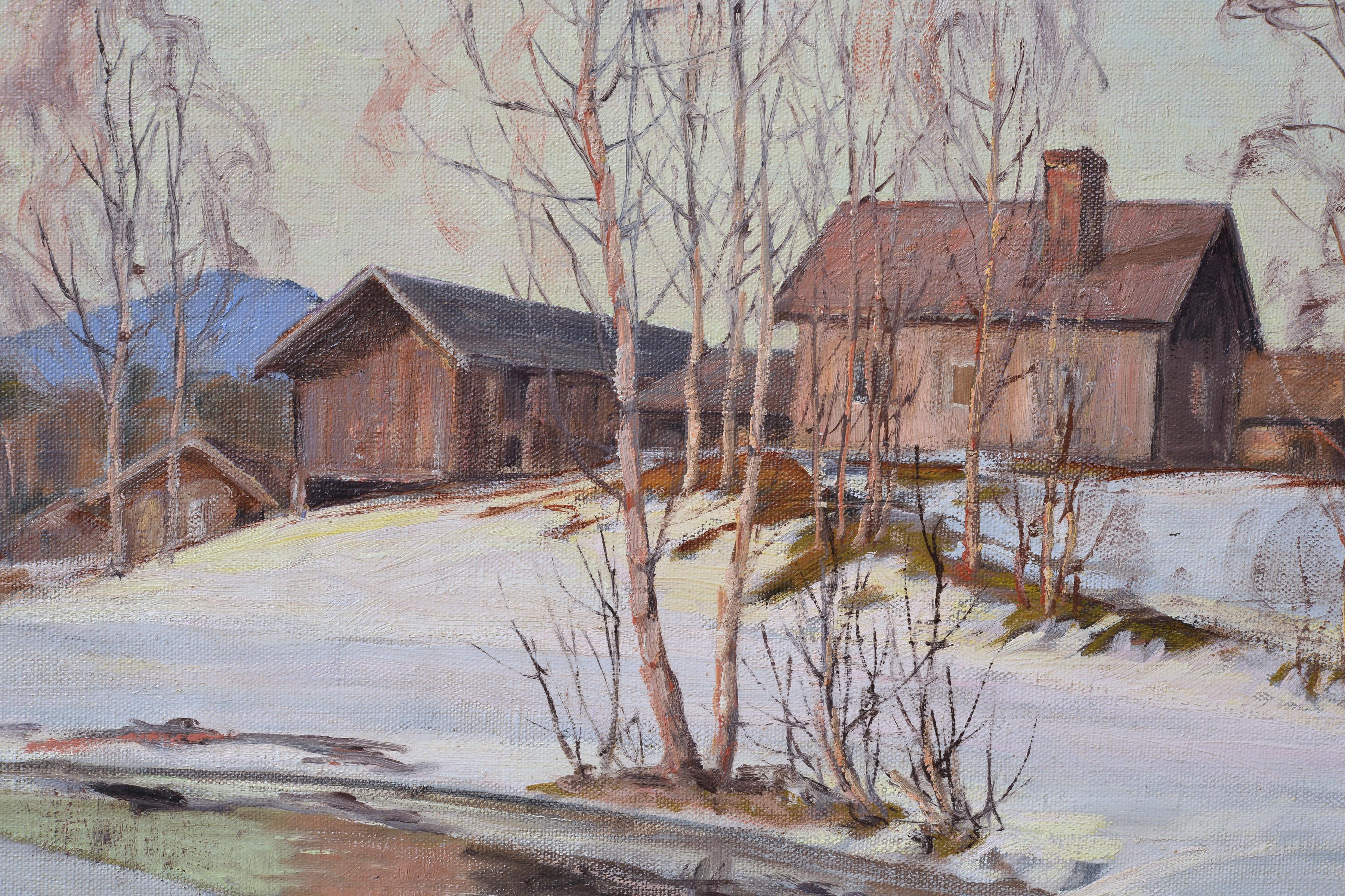 Tramonto rosa sul fiume Paesaggio di villaggio invernale inizio XX secolo Pittura ad olio - Painting di Unknown