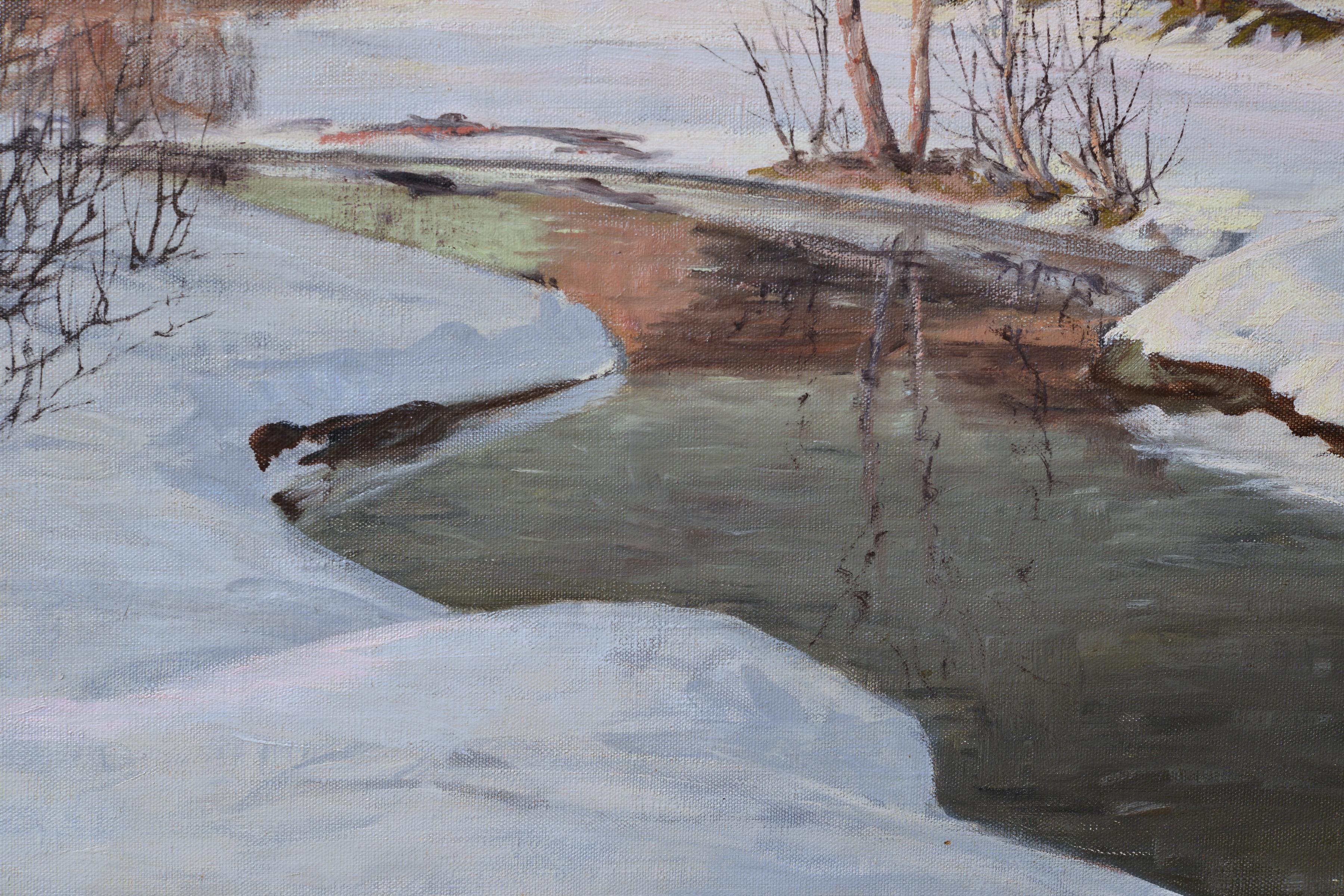 Tramonto rosa sul fiume Paesaggio di villaggio invernale inizio XX secolo Pittura ad olio - Painting Realismo di Unknown