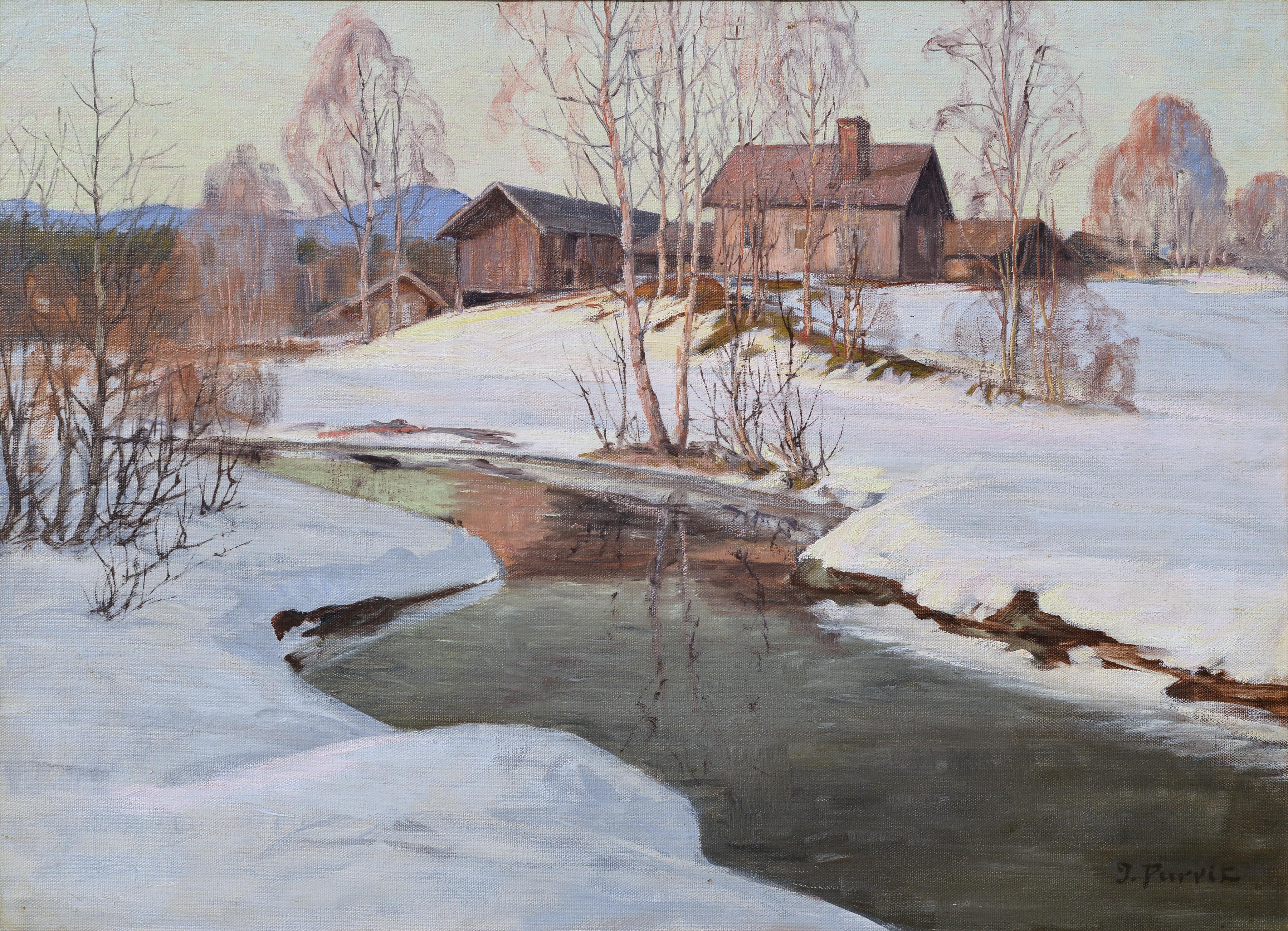 Landscape Painting di Unknown - Tramonto rosa sul fiume Paesaggio di villaggio invernale inizio XX secolo Pittura ad olio