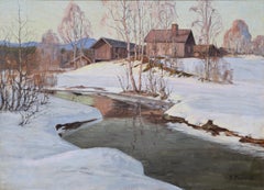 Pink Sunset on River Winter Village Landscape early 20th century Oil Painting