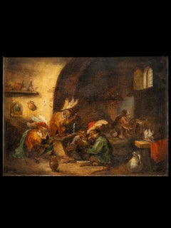 Pipe smoking Monkeys in the tavern, oil on panel, Flemish School, 19th C.