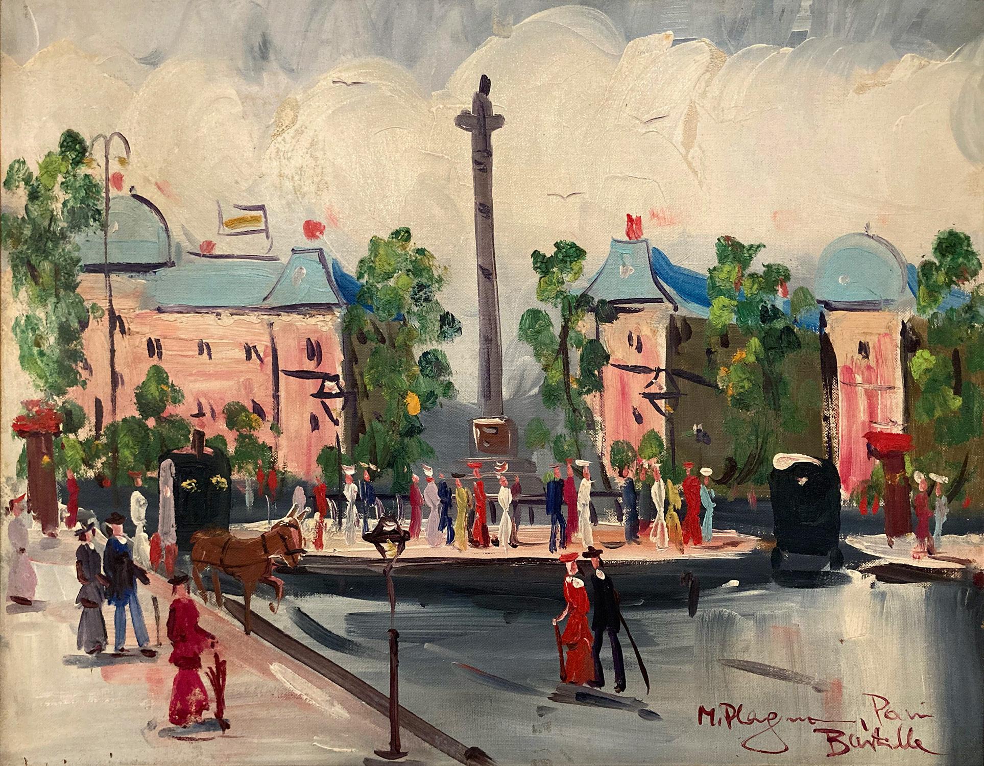 Peinture à l'huile « Place de la Bastille » - Scène de rue impressionniste française d'une ville de Paris - Painting de Unknown