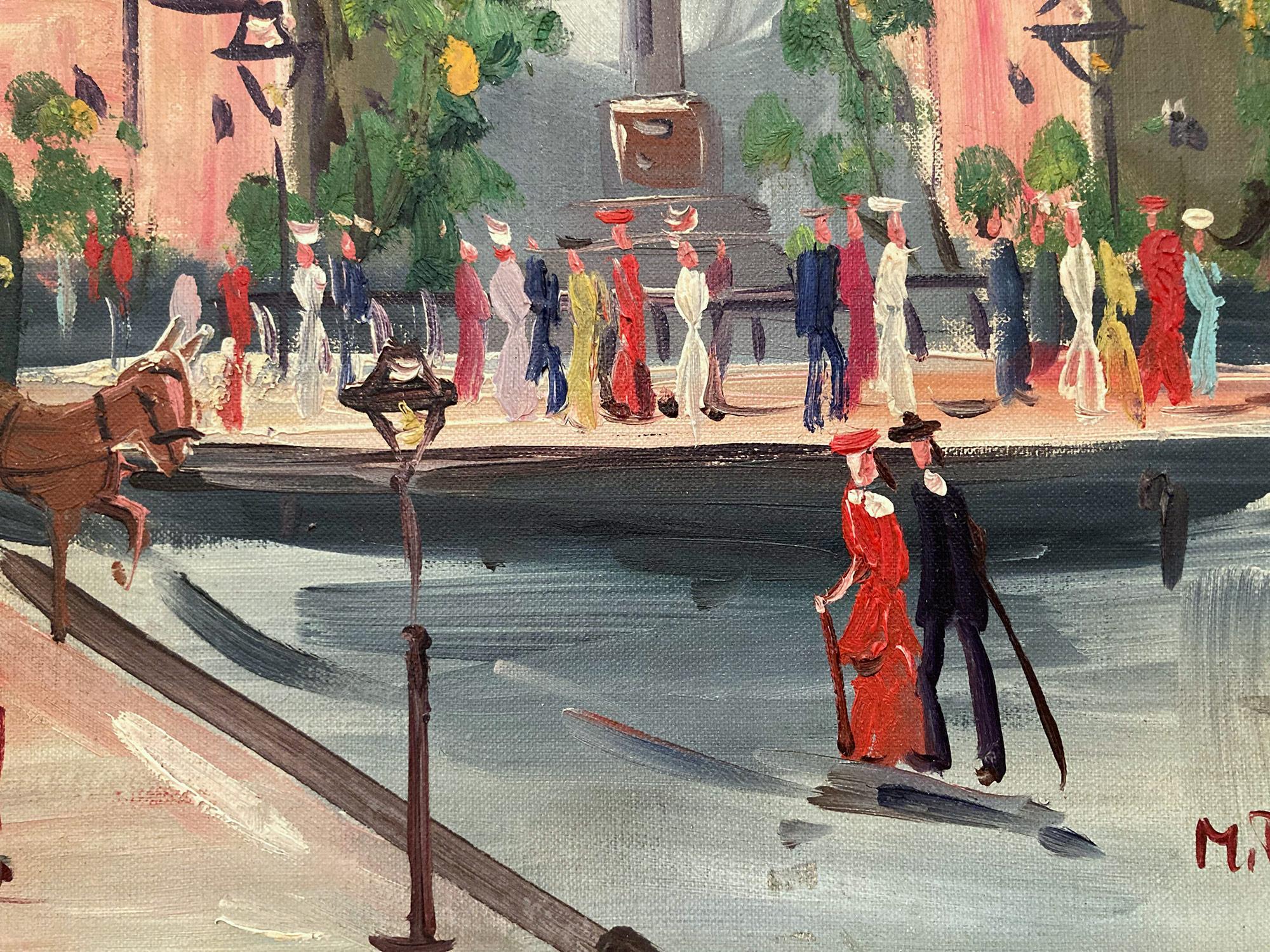 In this piece, the artist depicts his subject in an abstract and impressionistic way, capturing the Place de la Bastille busy street scene from the 20th Century with much life. The artist mostly used oil with a pallet knife, with impasto paint, and