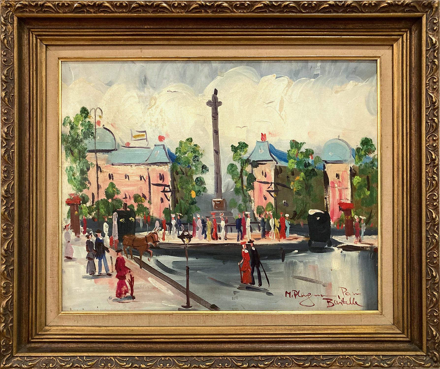 Peinture à l'huile « Place de la Bastille » - Scène de rue impressionniste française d'une ville de Paris