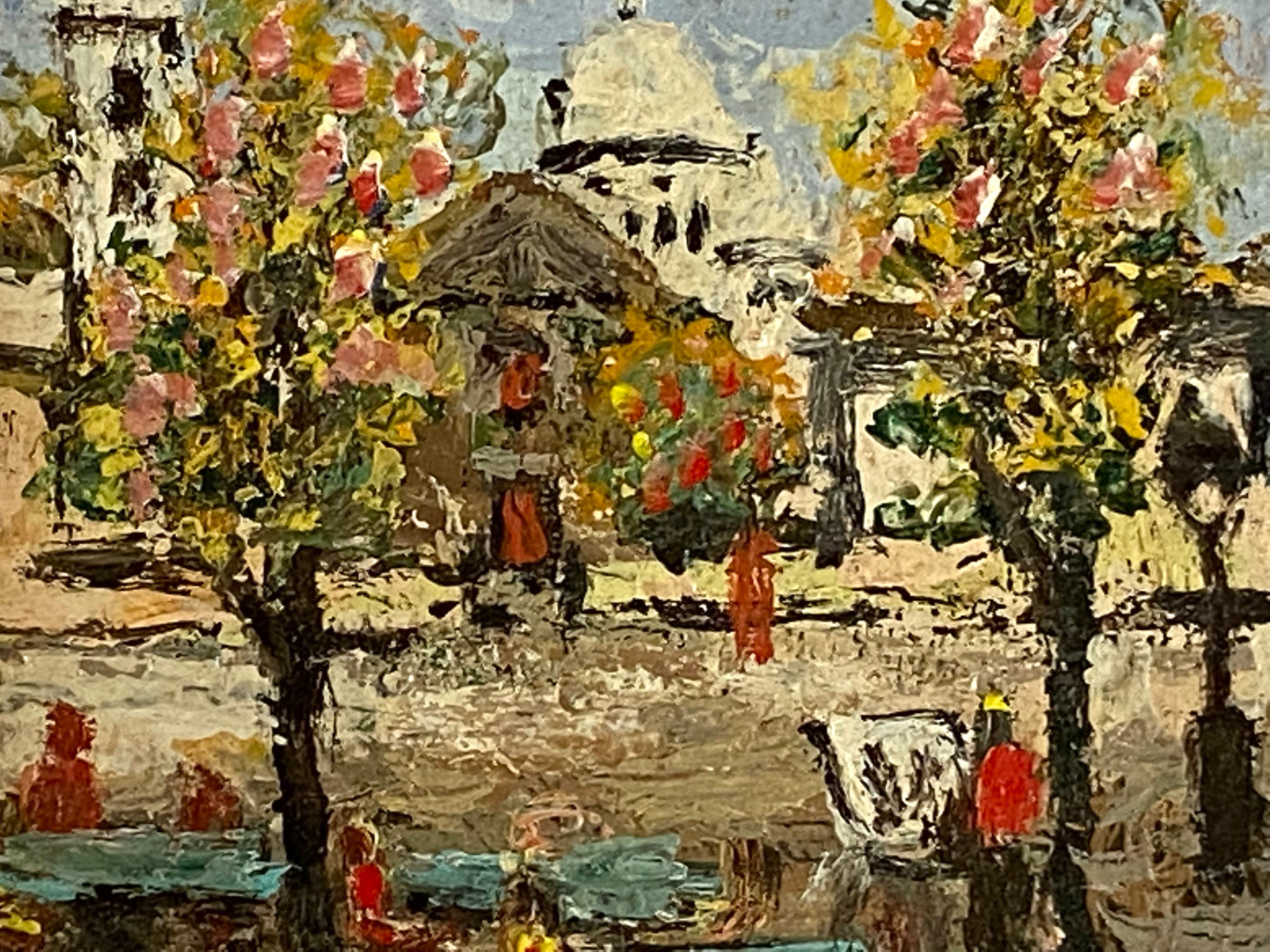 Miniature oil on board original painting of a view of Place du Tertre in Montmartre, Paris. France.  Circa 1975.  Signed illegibly lower right.  Condition is excellent.  Original gold frame. Overall framed measurements are 5.5 by  6.75 inches. 