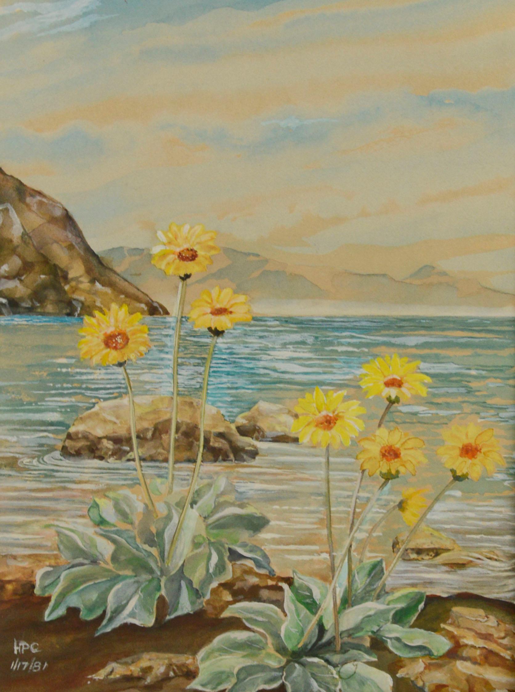 Flowers on the Beach, Botanical Watercolor Landscape  - Painting by Unknown