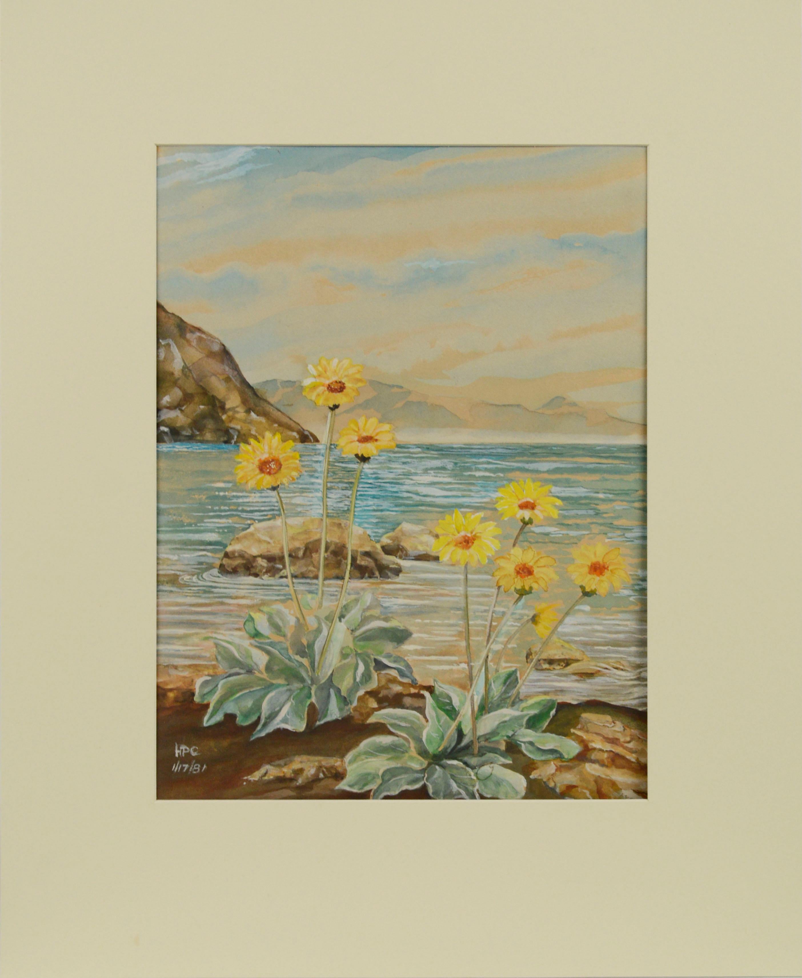 Unknown Landscape Painting - Flowers on the Beach, Botanical Watercolor Landscape 