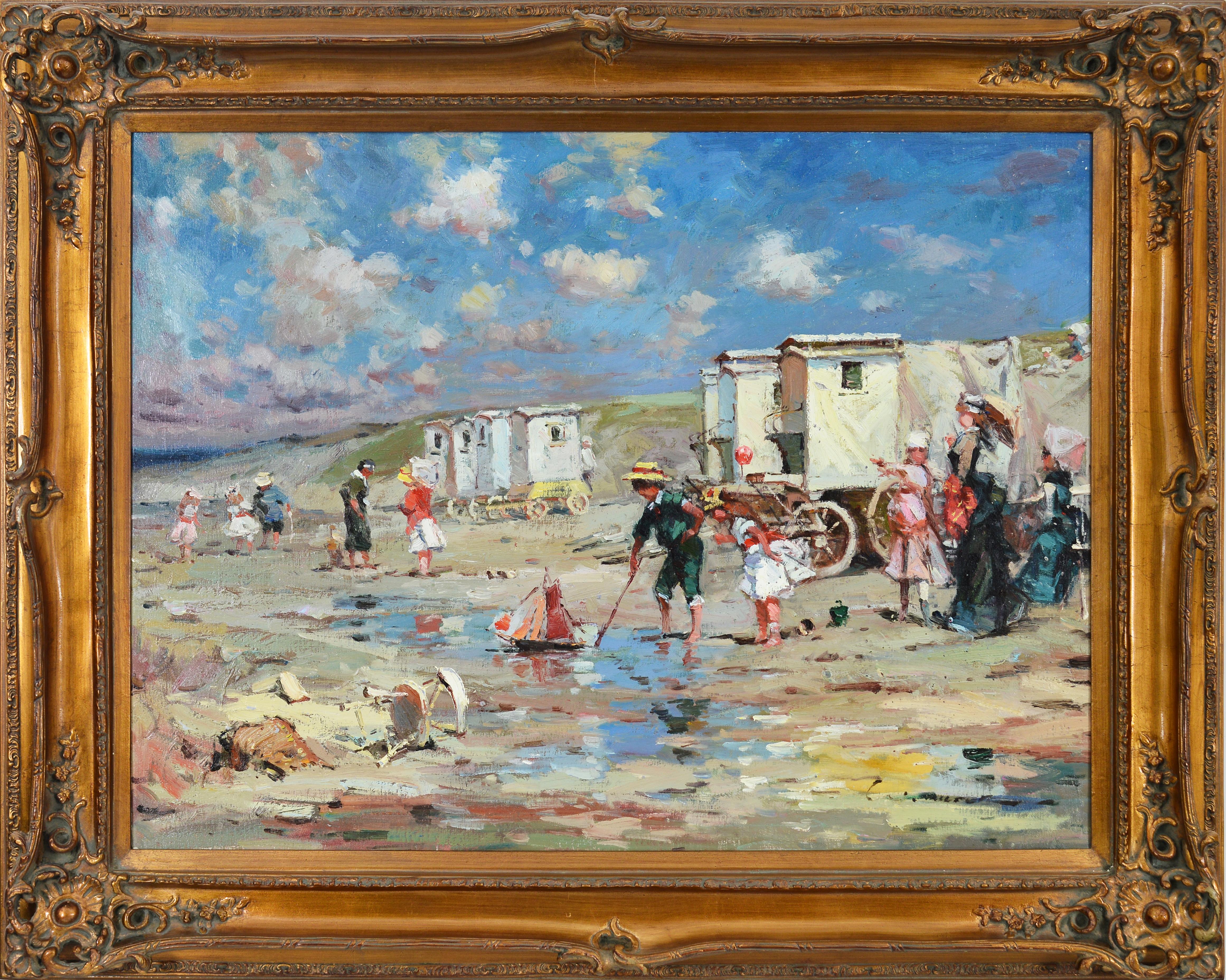 Unknown Landscape Painting - Play on the Beach