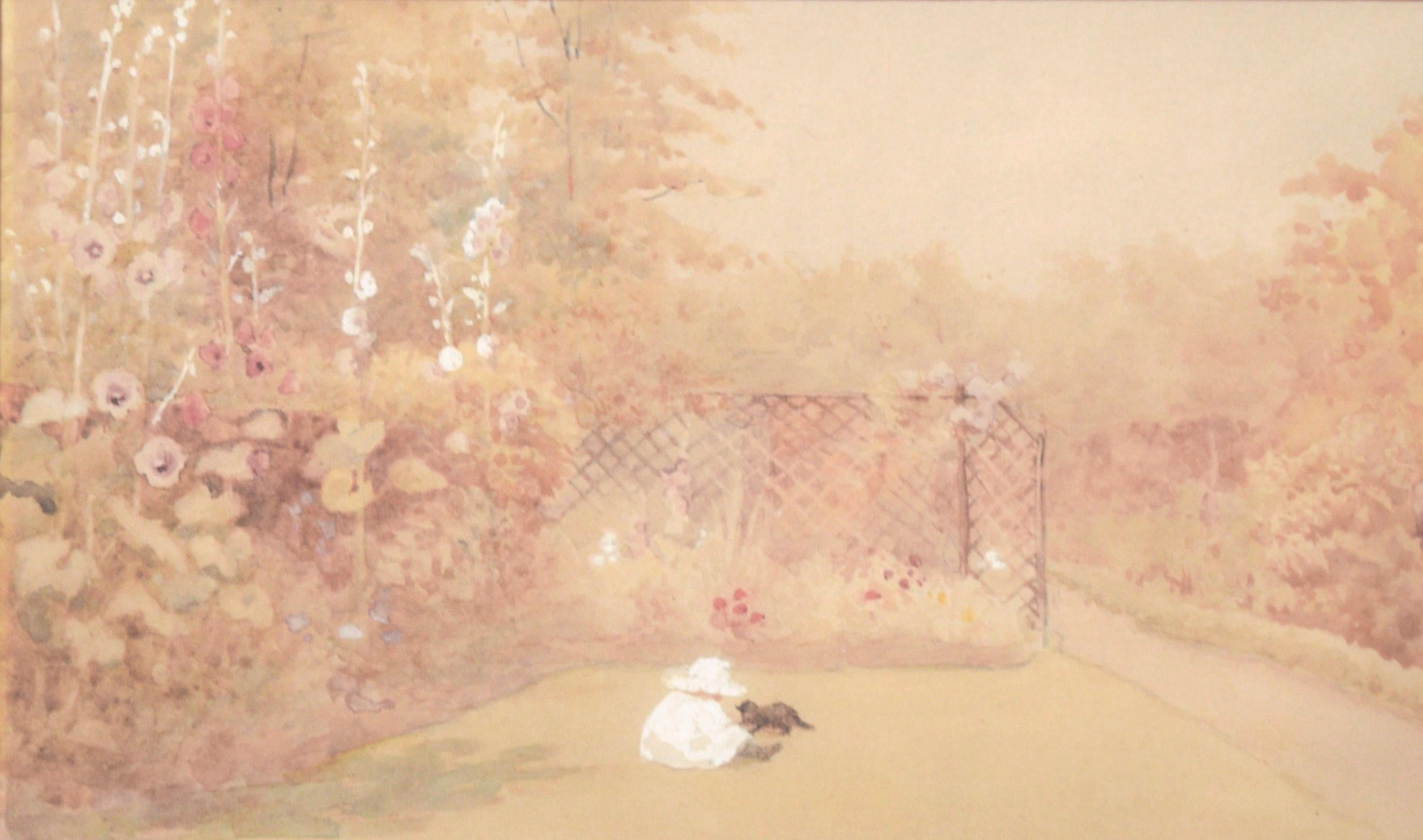 Playing in the Garden with a Cat - Landschaft – Painting von Unknown