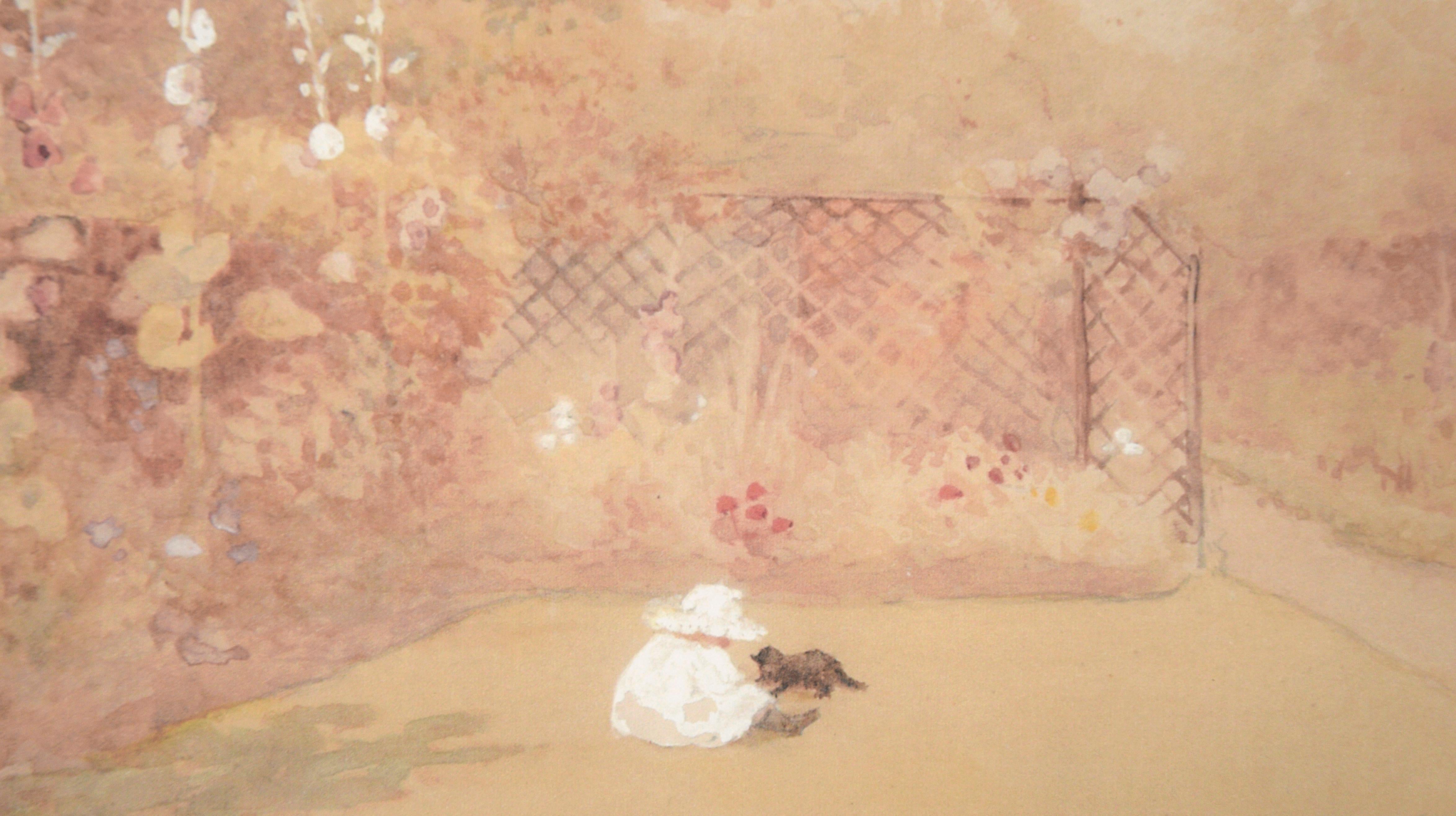 Playing in the Garden with a Cat (Je joue au jardin avec un chat - Paysage - Beige Landscape Painting par Unknown